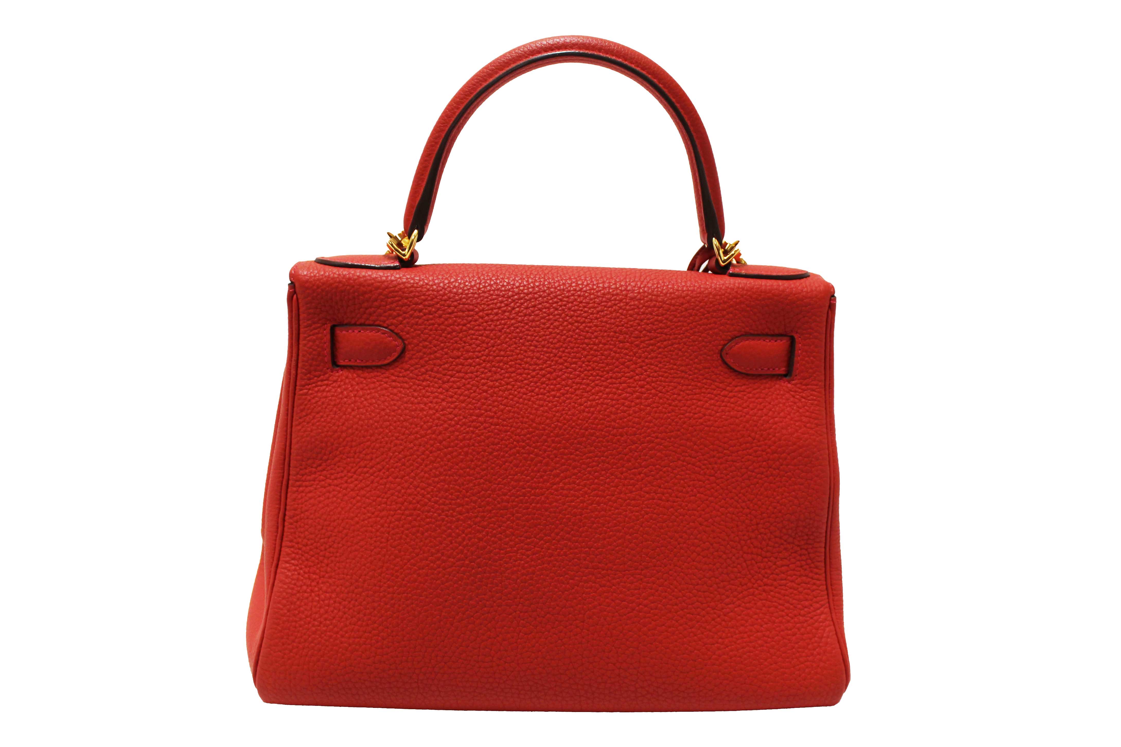 Authentic Hermes Rouge Pivoine Togo Leather Kelly Retourne 28 Handbag/Shoulder Bag