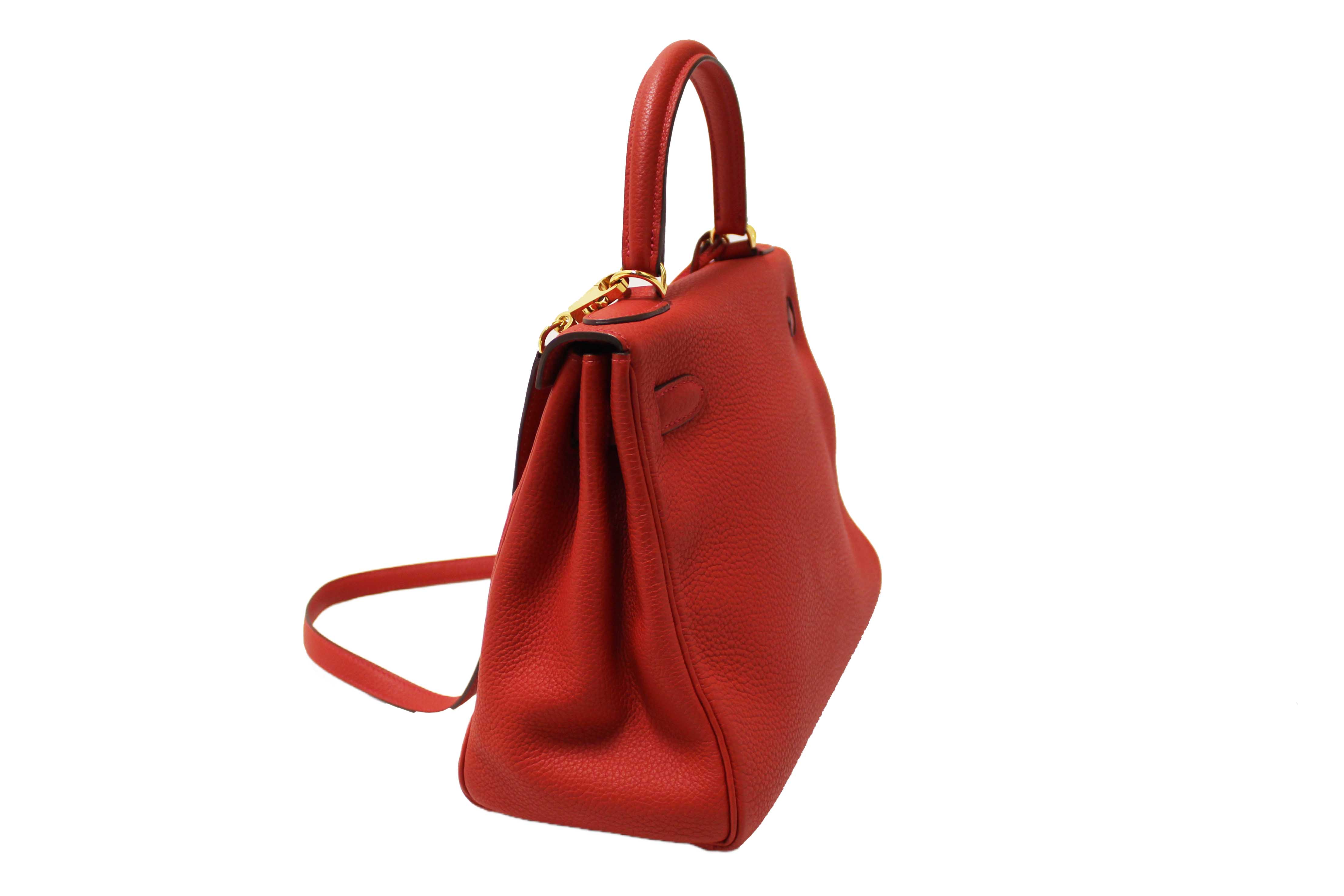 Authentic Hermes Rouge Pivoine Togo Leather Kelly Retourne 28 Handbag/Shoulder Bag