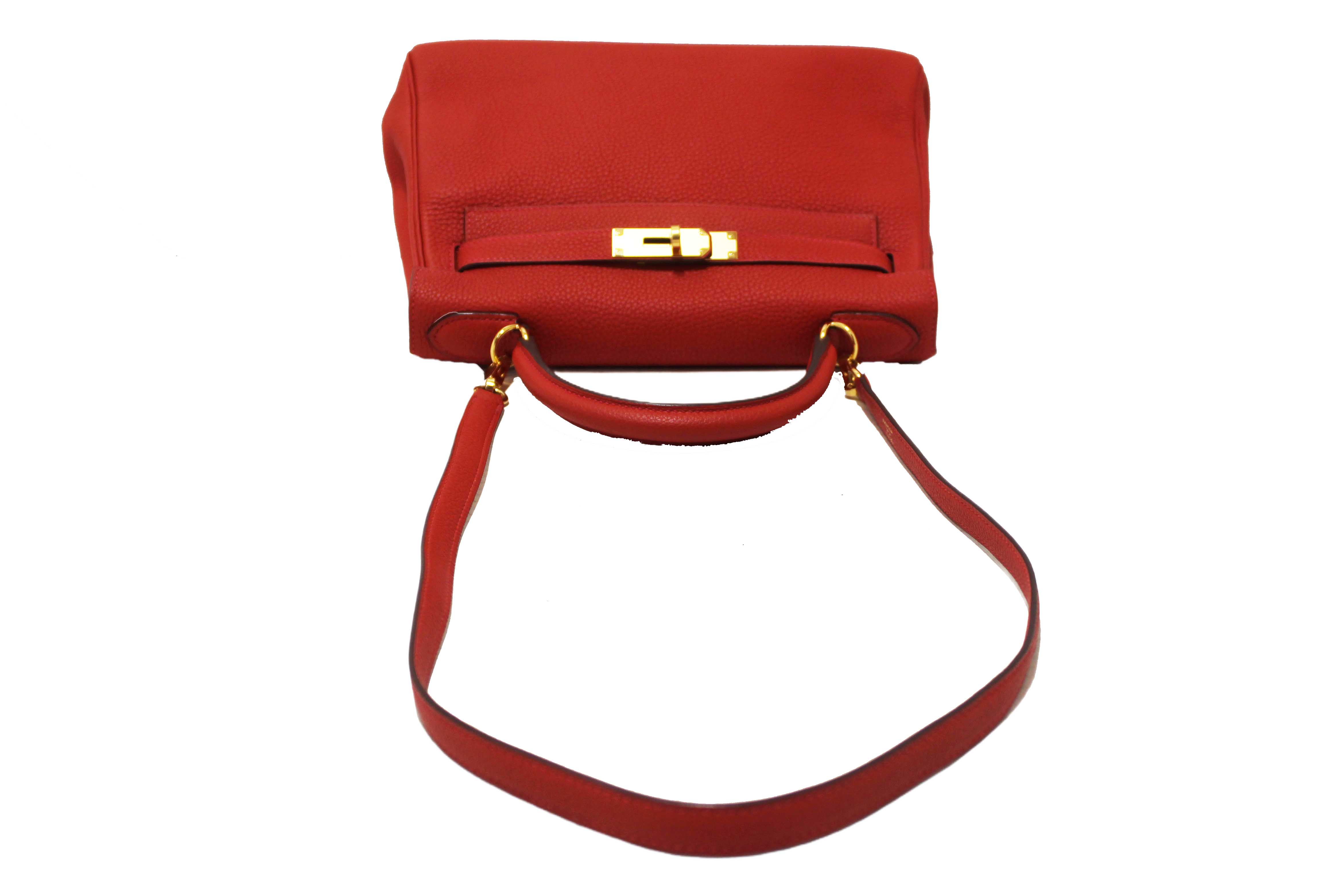 Authentic Hermes Rouge Pivoine Togo Leather Kelly Retourne 28 Handbag/Shoulder Bag