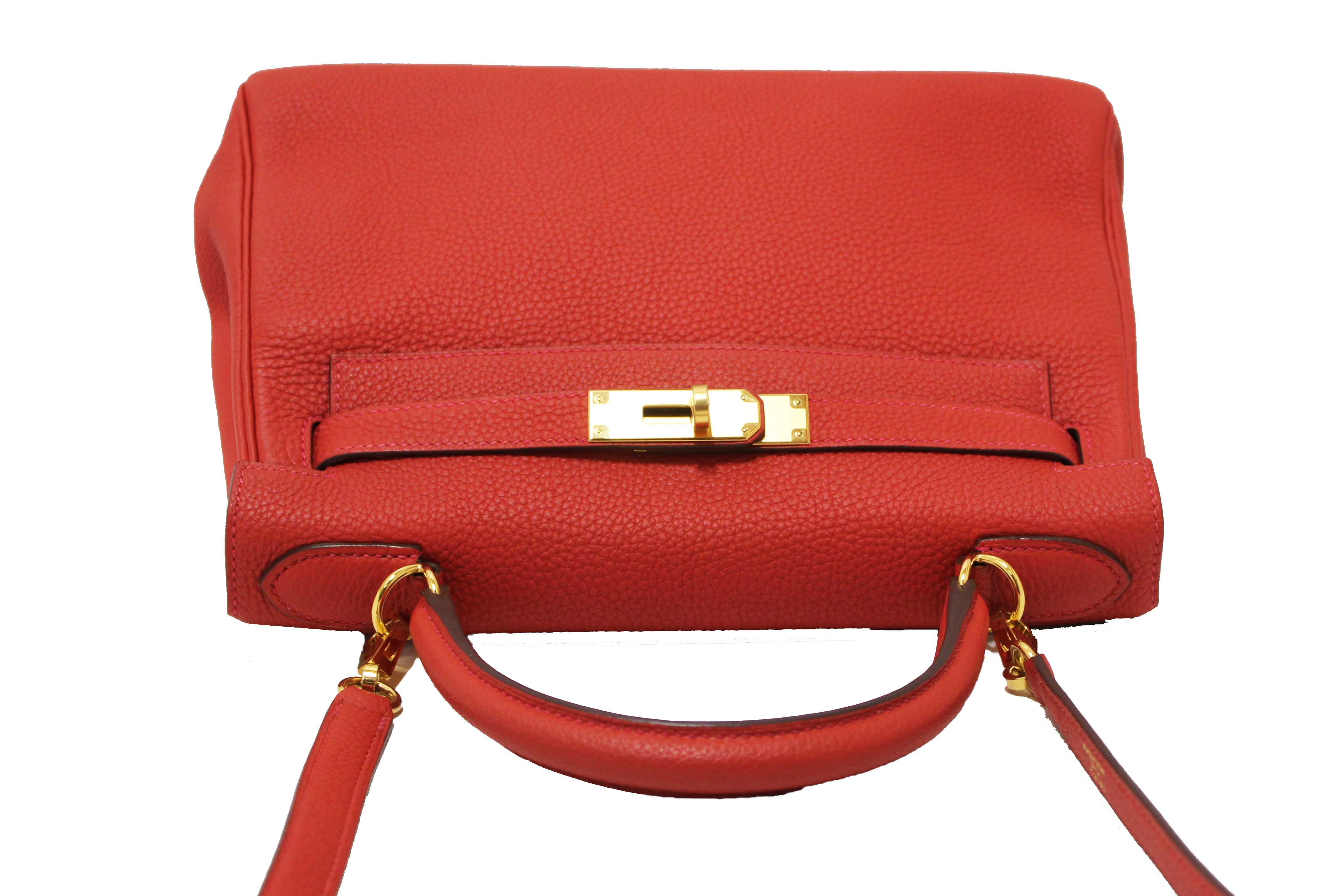 Authentic Hermes Rouge Pivoine Togo Leather Kelly Retourne 28 Handbag/Shoulder Bag