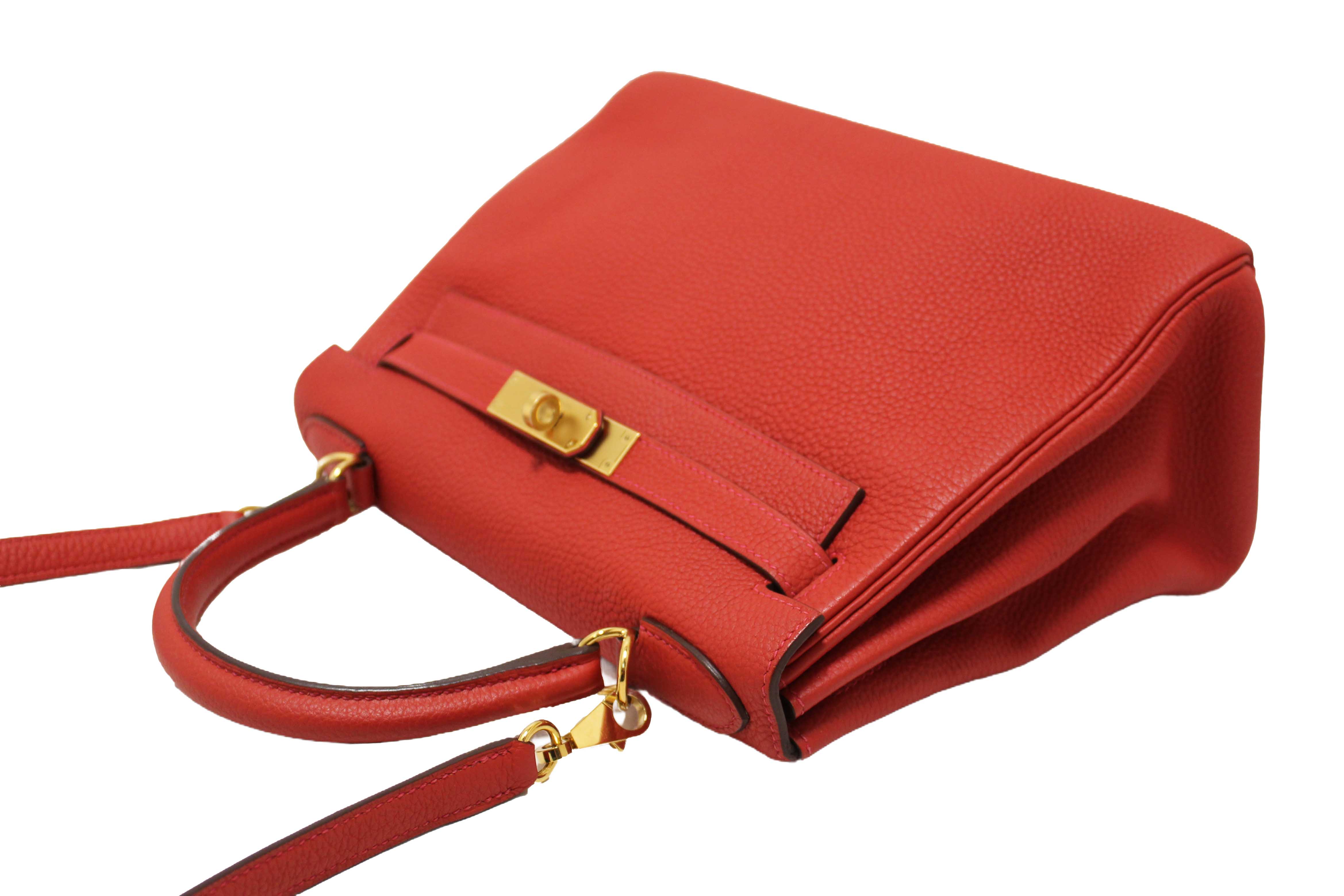 Authentic Hermes Rouge Pivoine Togo Leather Kelly Retourne 28 Handbag/Shoulder Bag