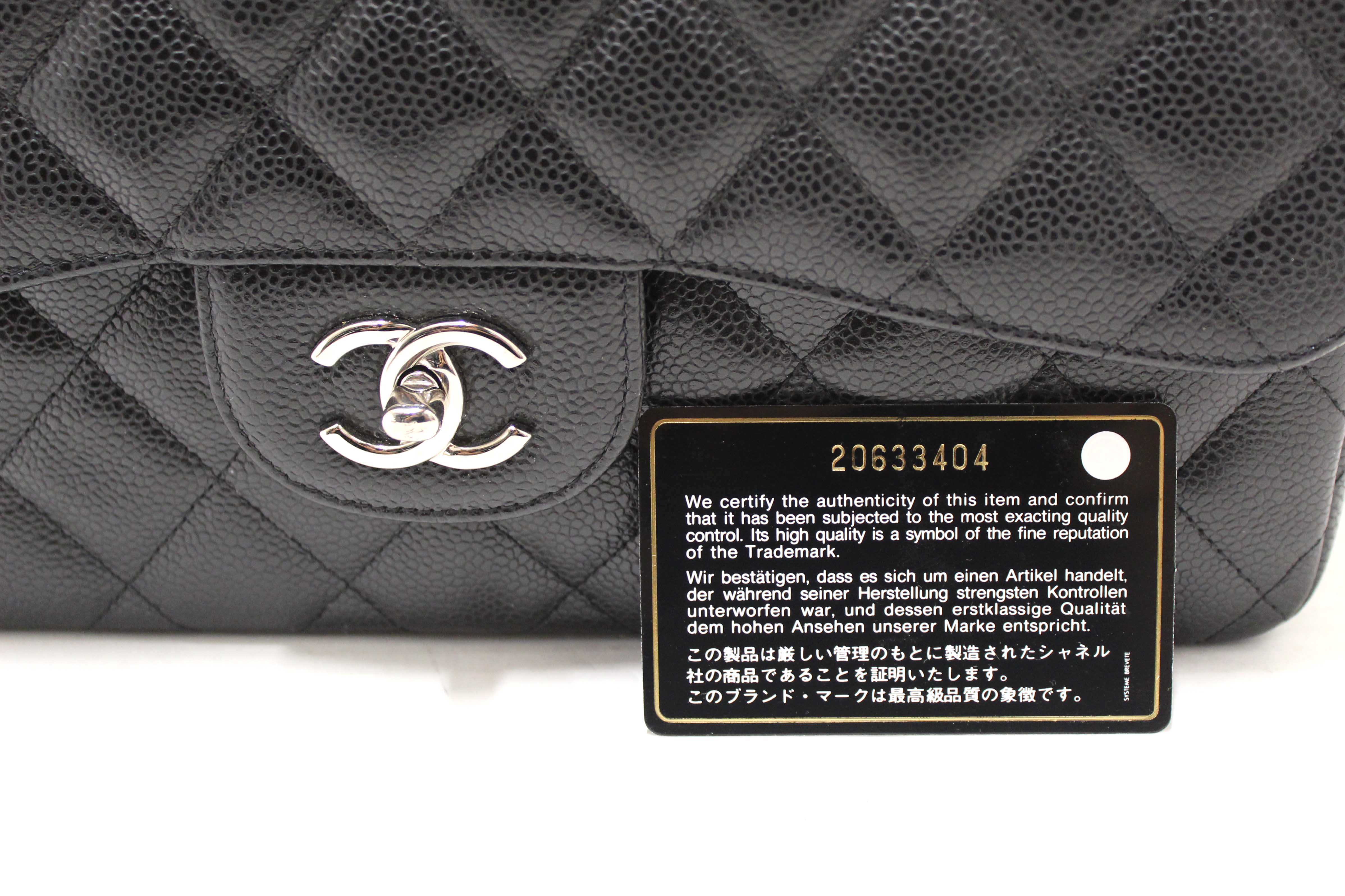 Authentic Chanel Black Quilted Caviar Leather Classic Jumbo Double Flap Bag