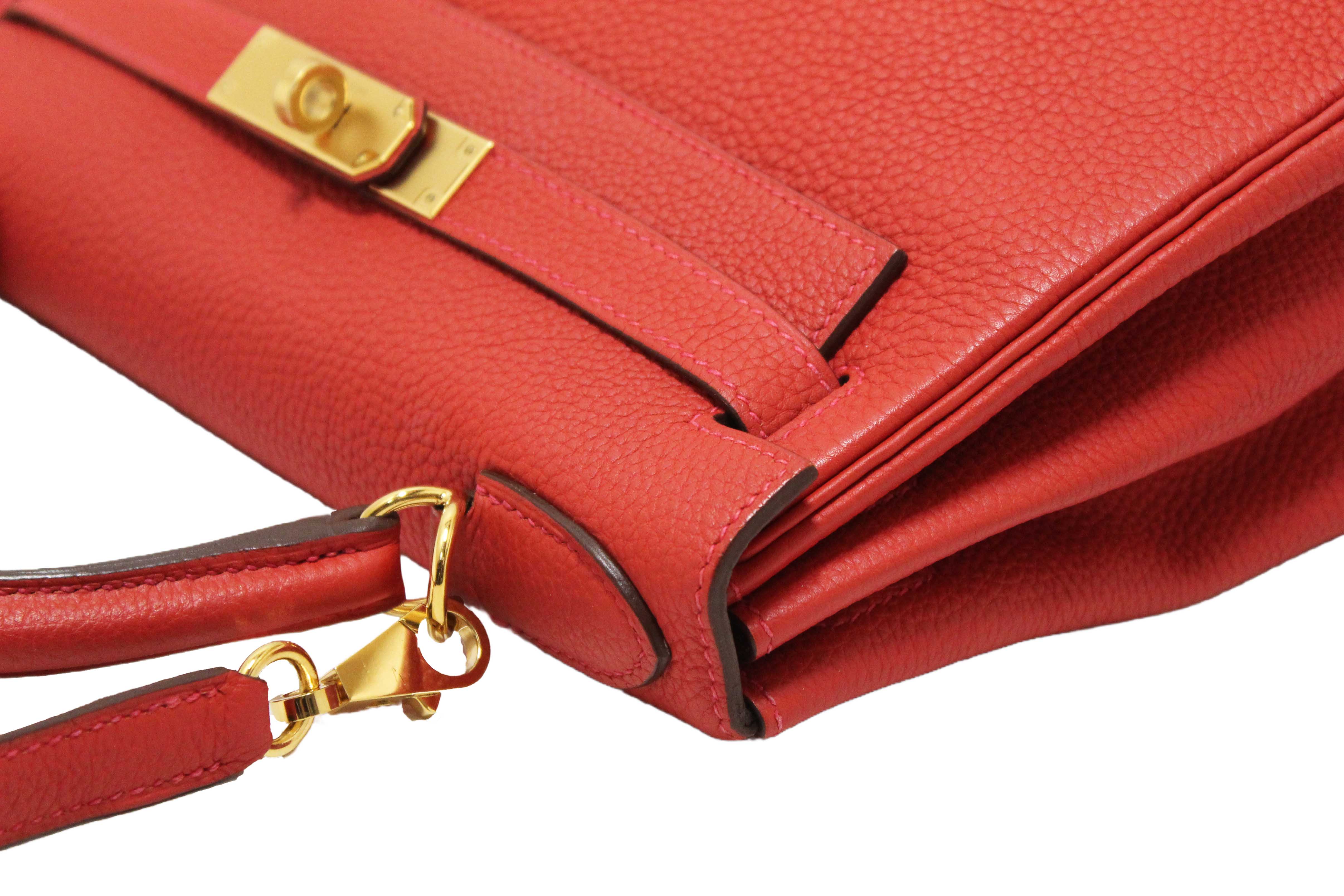 Authentic Hermes Rouge Pivoine Togo Leather Kelly Retourne 28 Handbag/Shoulder Bag