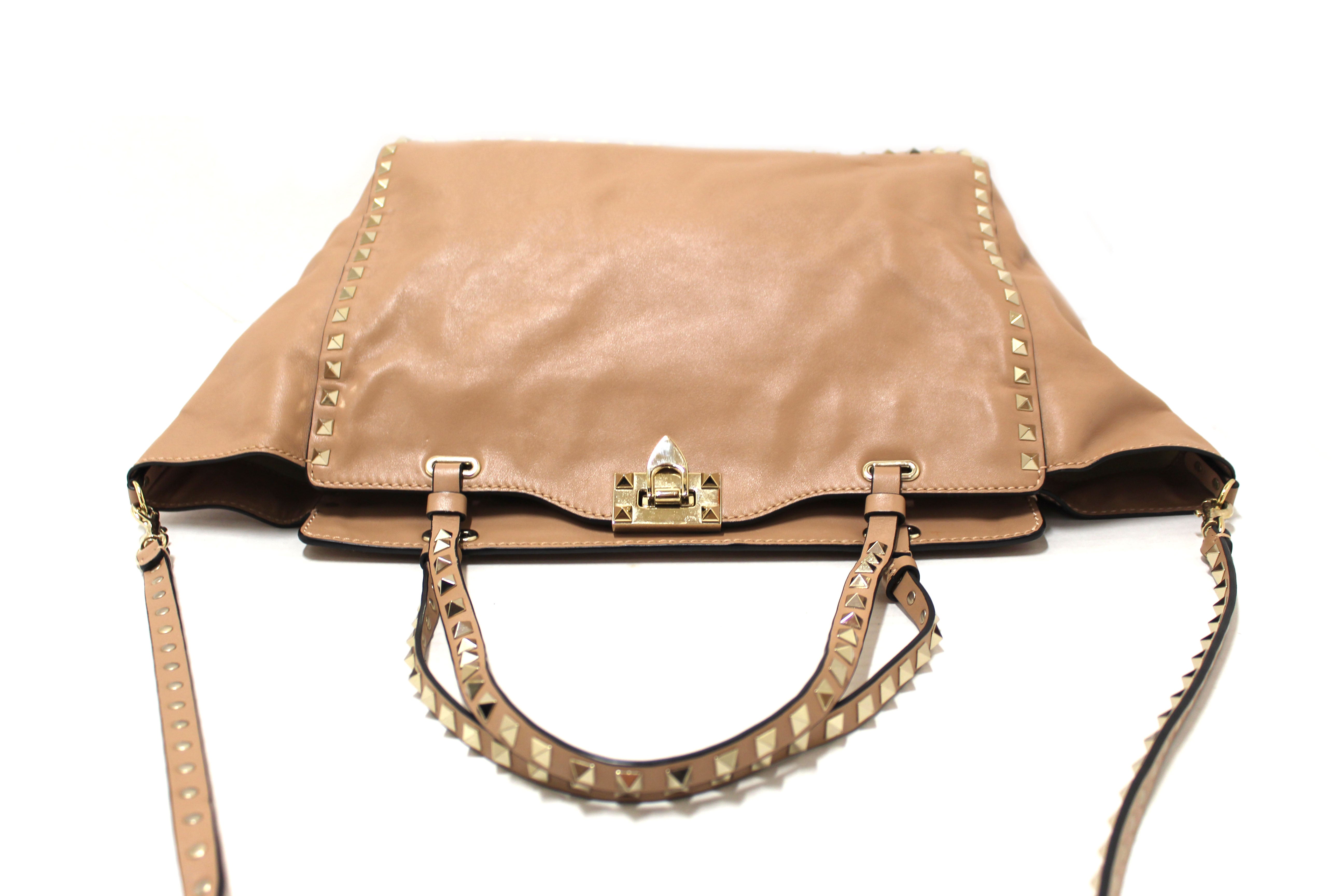 Authentic Valentino Medium Rockstud Beige Nappa Leather Tote Shoulder Bag