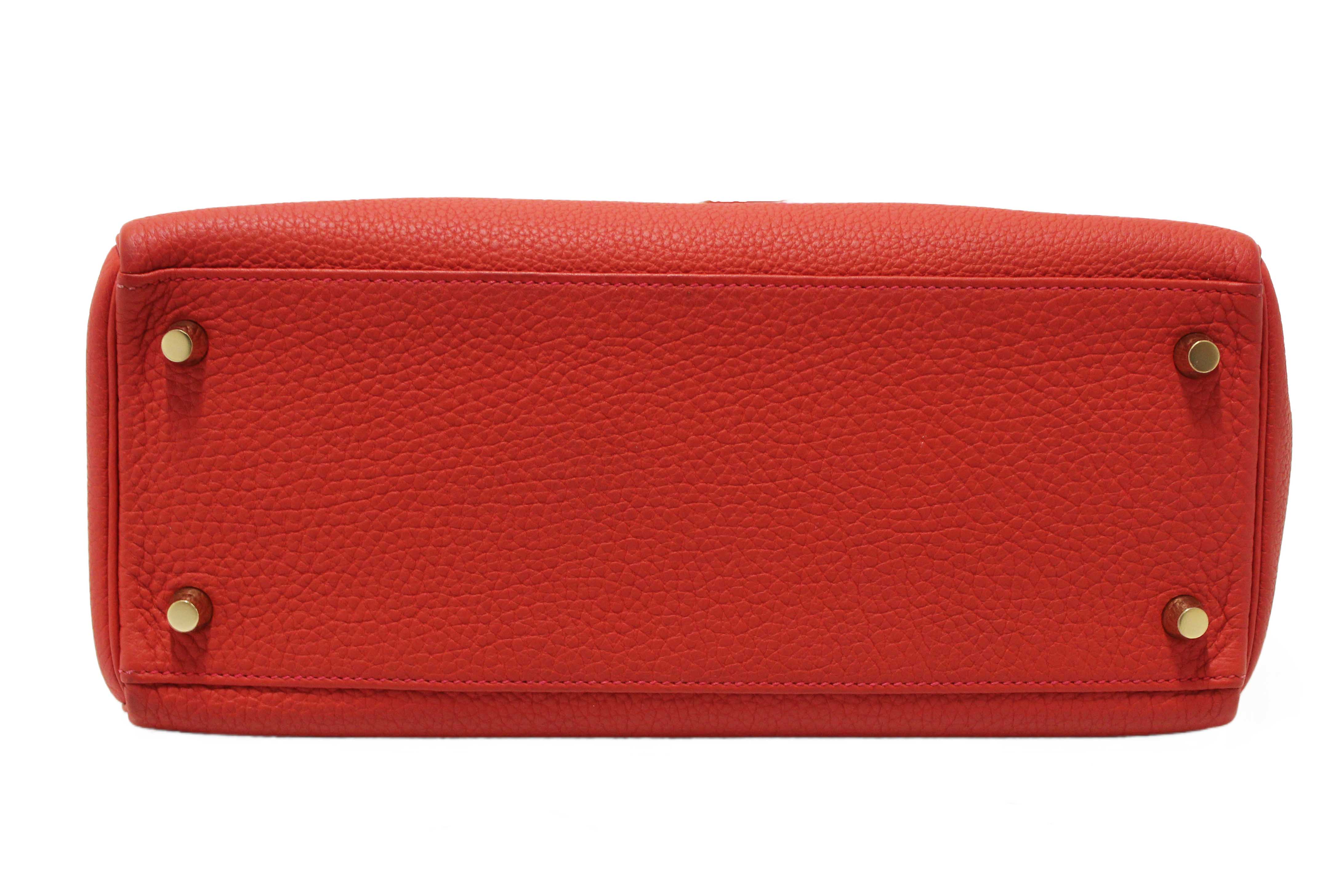 Authentic Hermes Rouge Pivoine Togo Leather Kelly Retourne 28 Handbag/Shoulder Bag