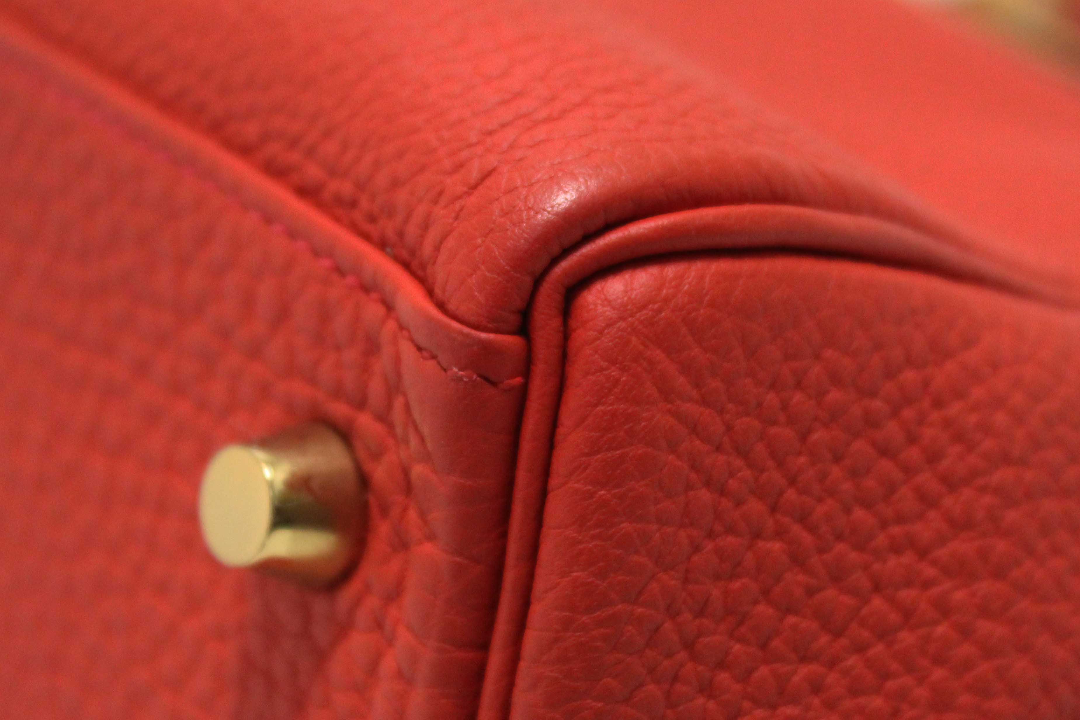 Authentic Hermes Rouge Pivoine Togo Leather Kelly Retourne 28 Handbag/Shoulder Bag