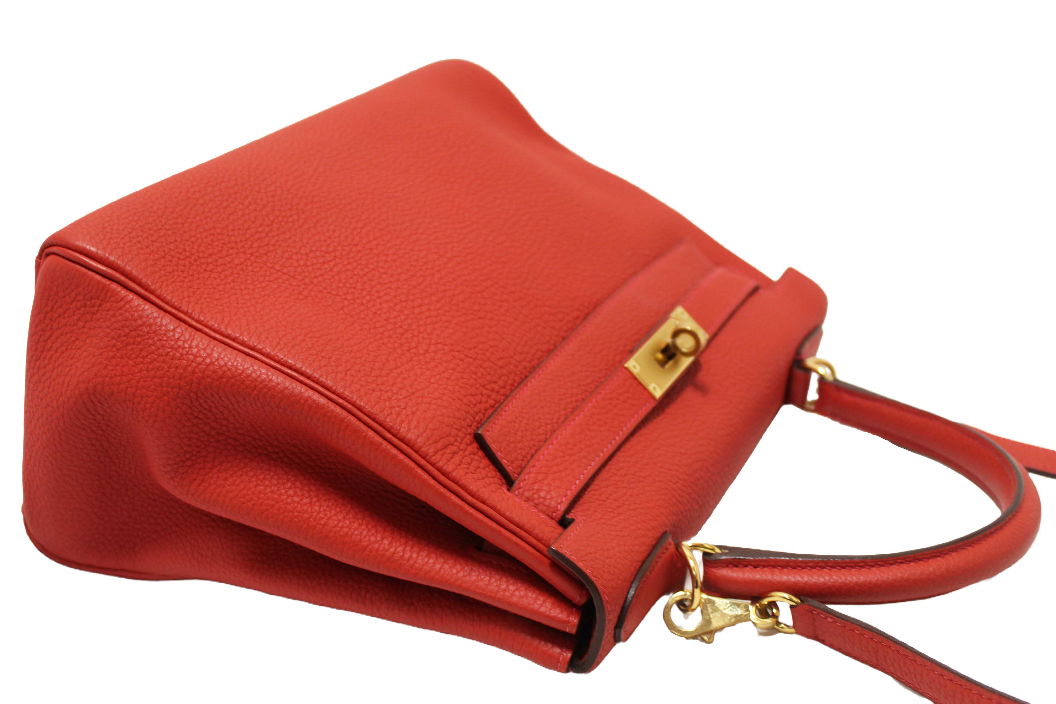 Authentic Hermes Rouge Pivoine Togo Leather Kelly Retourne 28 Handbag/Shoulder Bag