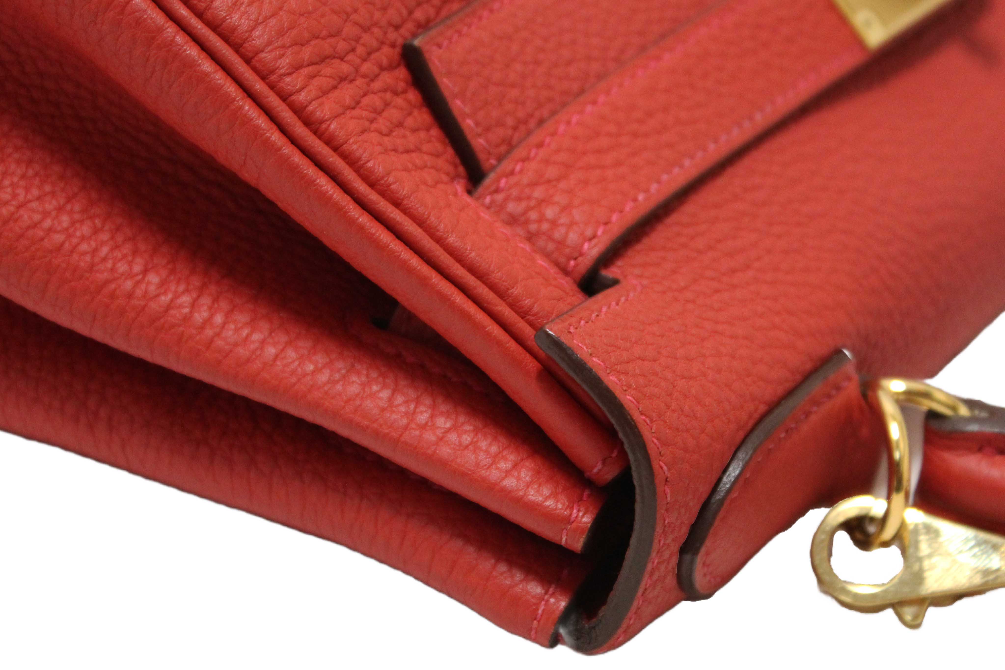 Authentic Hermes Rouge Pivoine Togo Leather Kelly Retourne 28 Handbag/Shoulder Bag