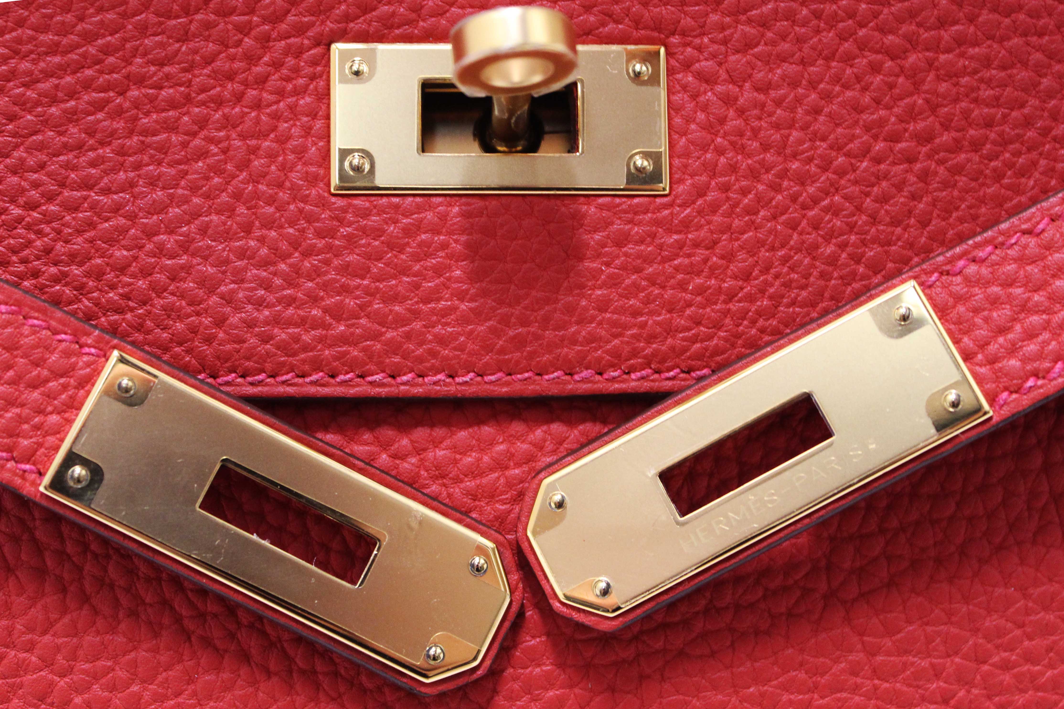 Authentic Hermes Rouge Pivoine Togo Leather Kelly Retourne 28 Handbag/Shoulder Bag