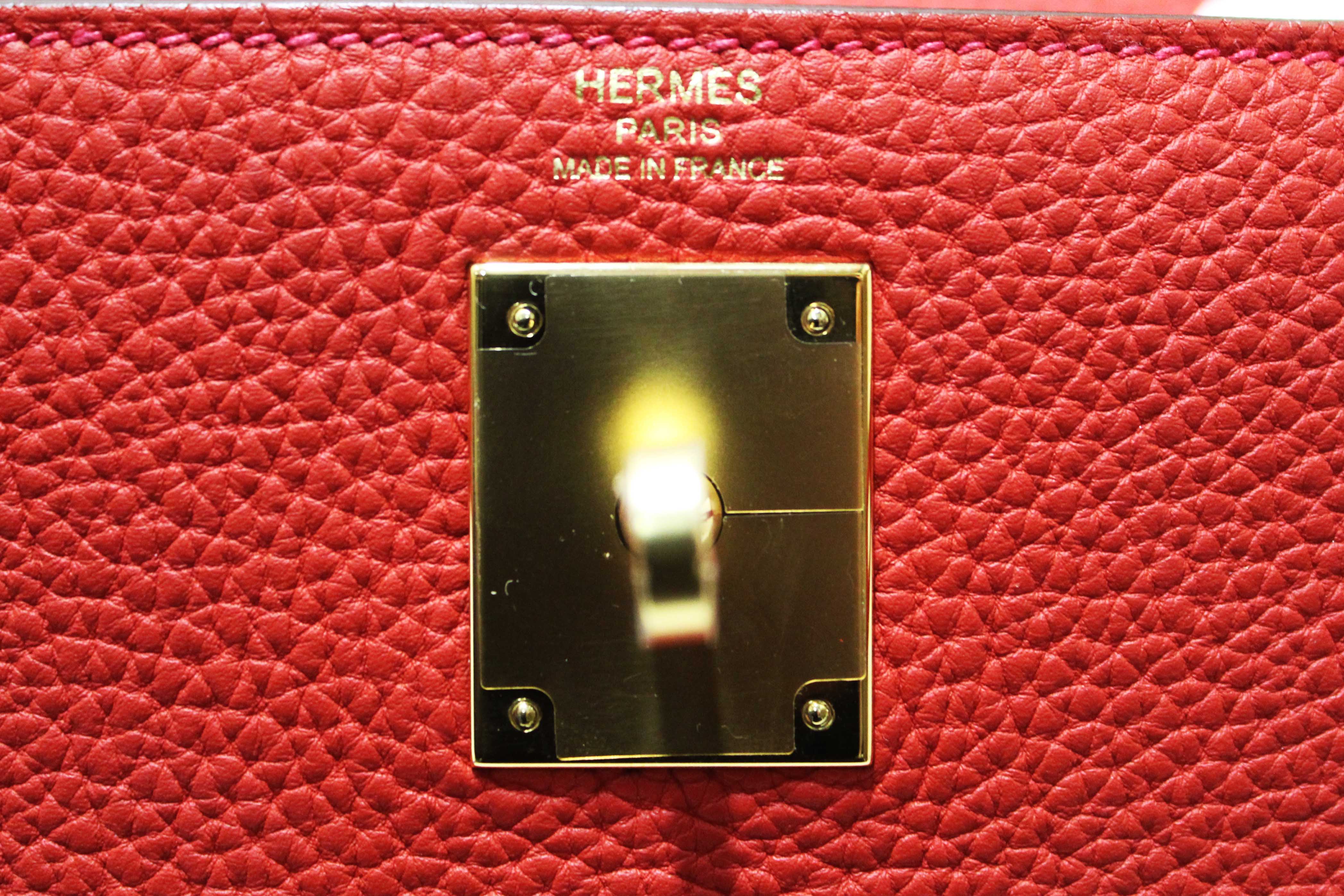 Authentic Hermes Rouge Pivoine Togo Leather Kelly Retourne 28 Handbag/Shoulder Bag