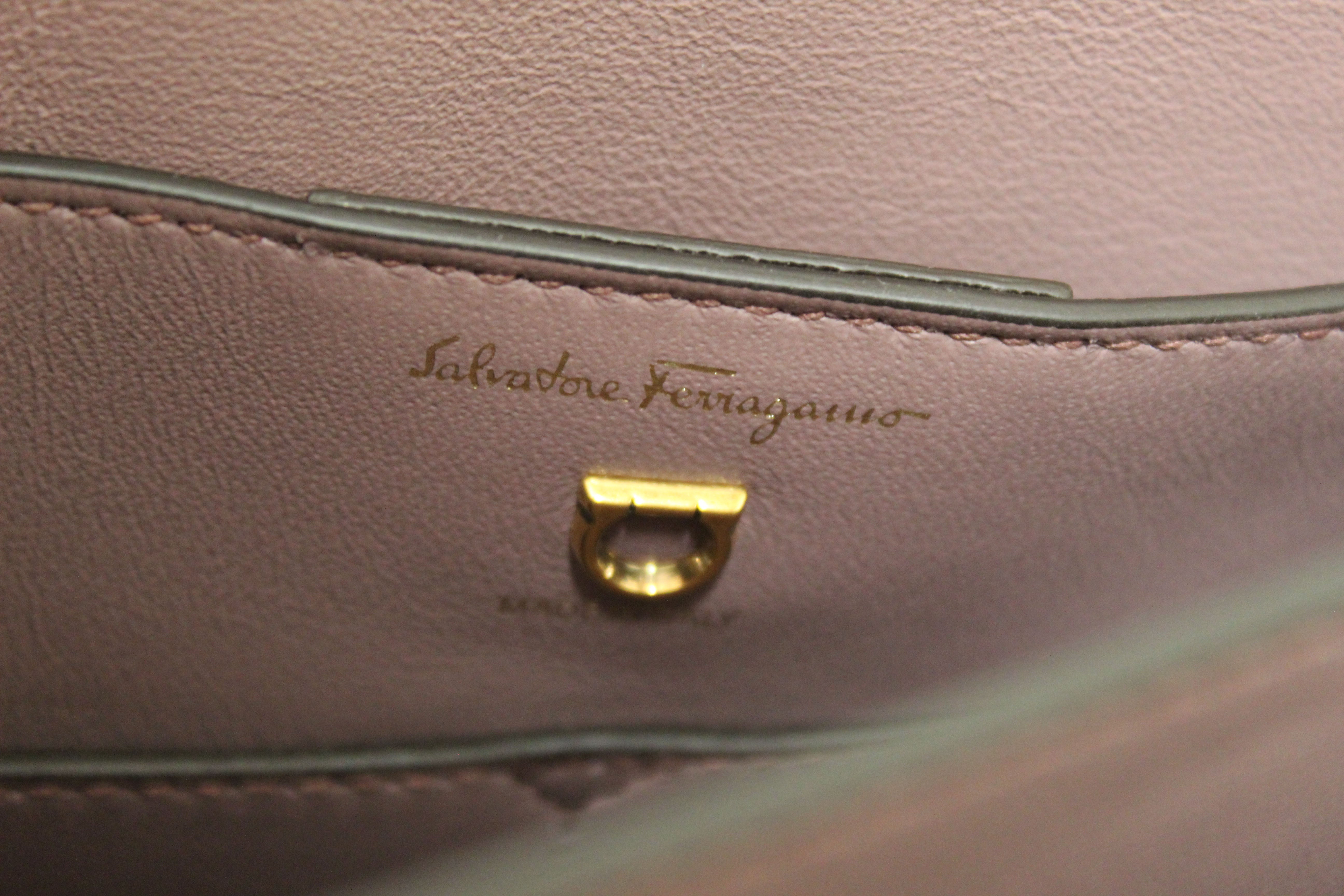 Authentic Salvatore Ferragamo Purple Pebbled Calf Leather Margot Small Top Handle Satchel Bag
