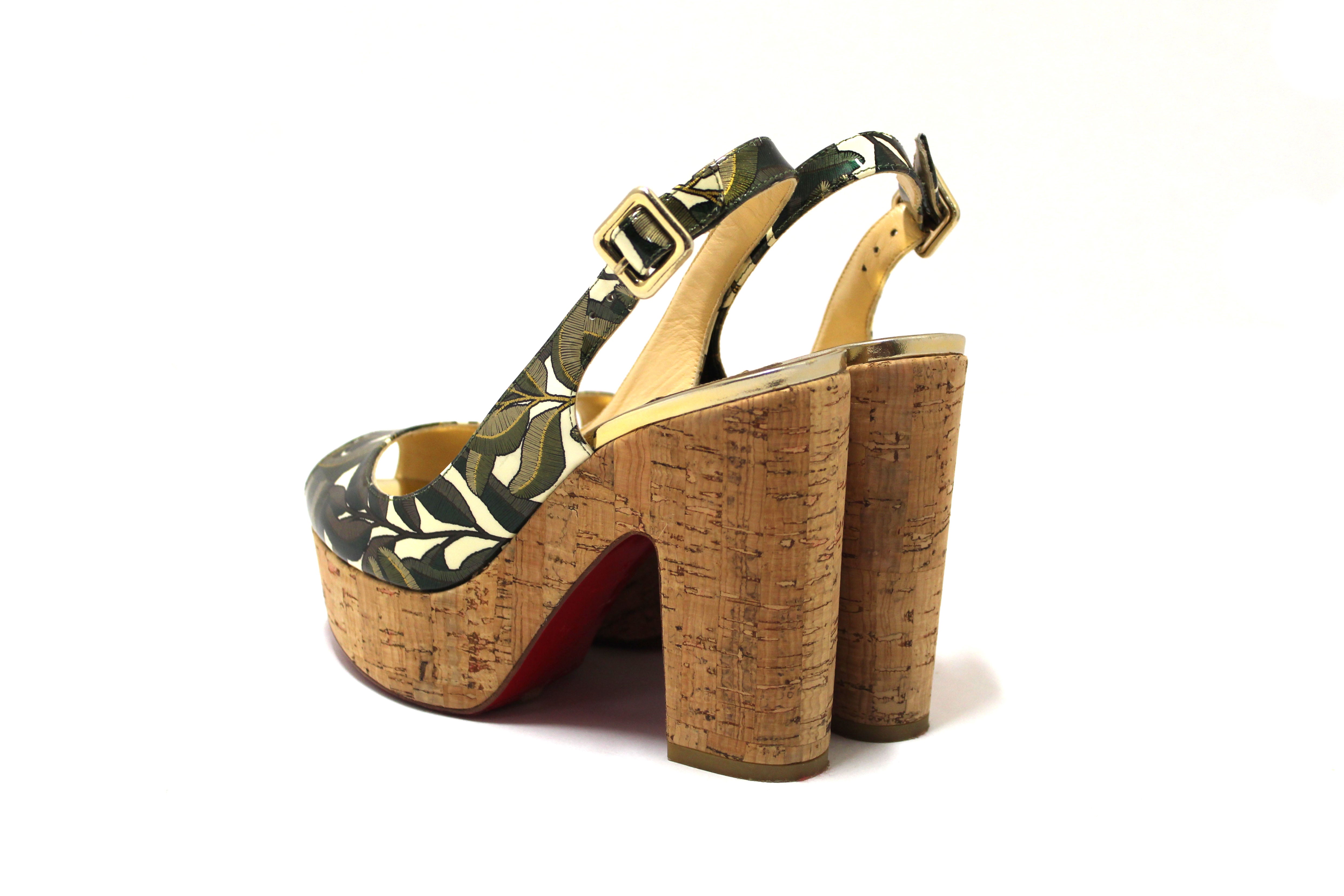 Authentic Christian Louboutin Dona Anna 120 Palm Leaves Wedge Heel Size 37