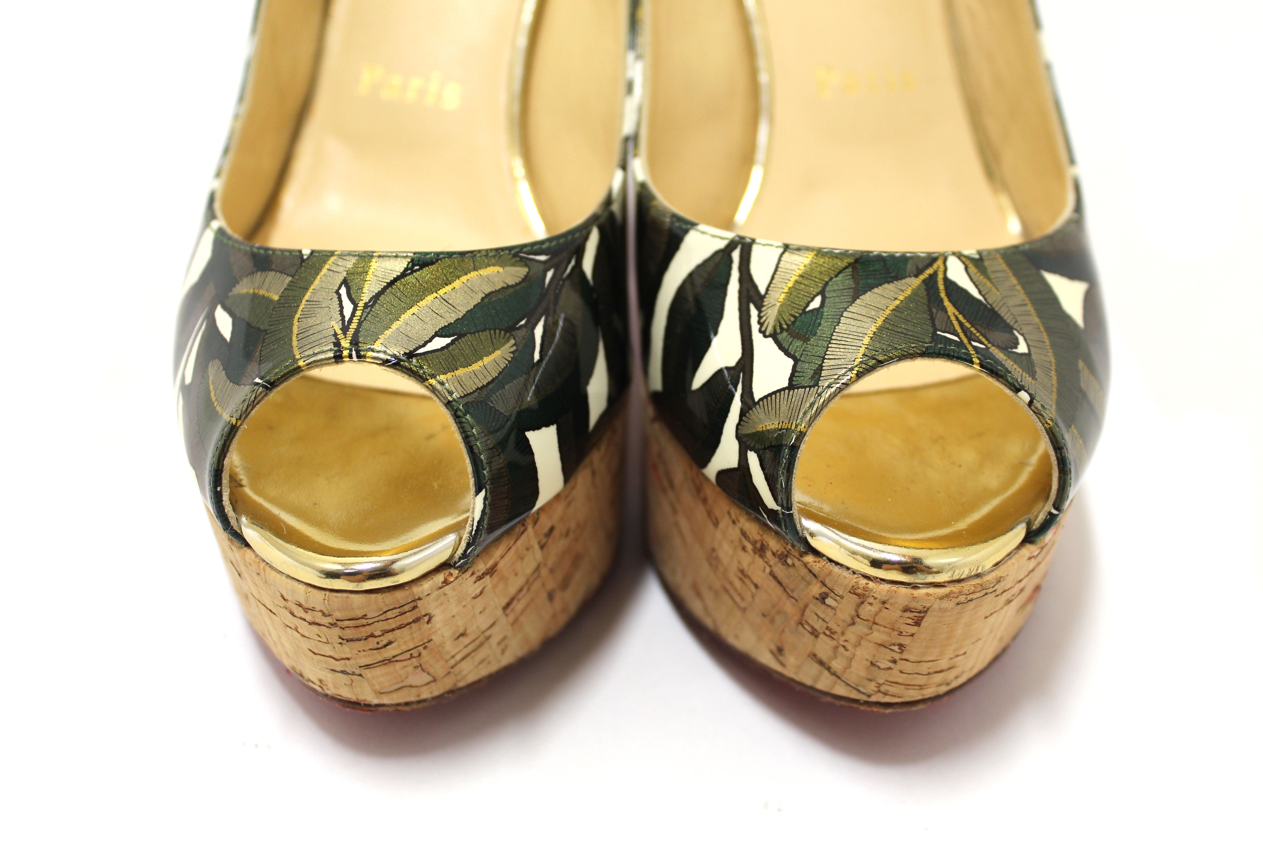 Authentic Christian Louboutin Dona Anna 120 Palm Leaves Wedge Heel Size 37