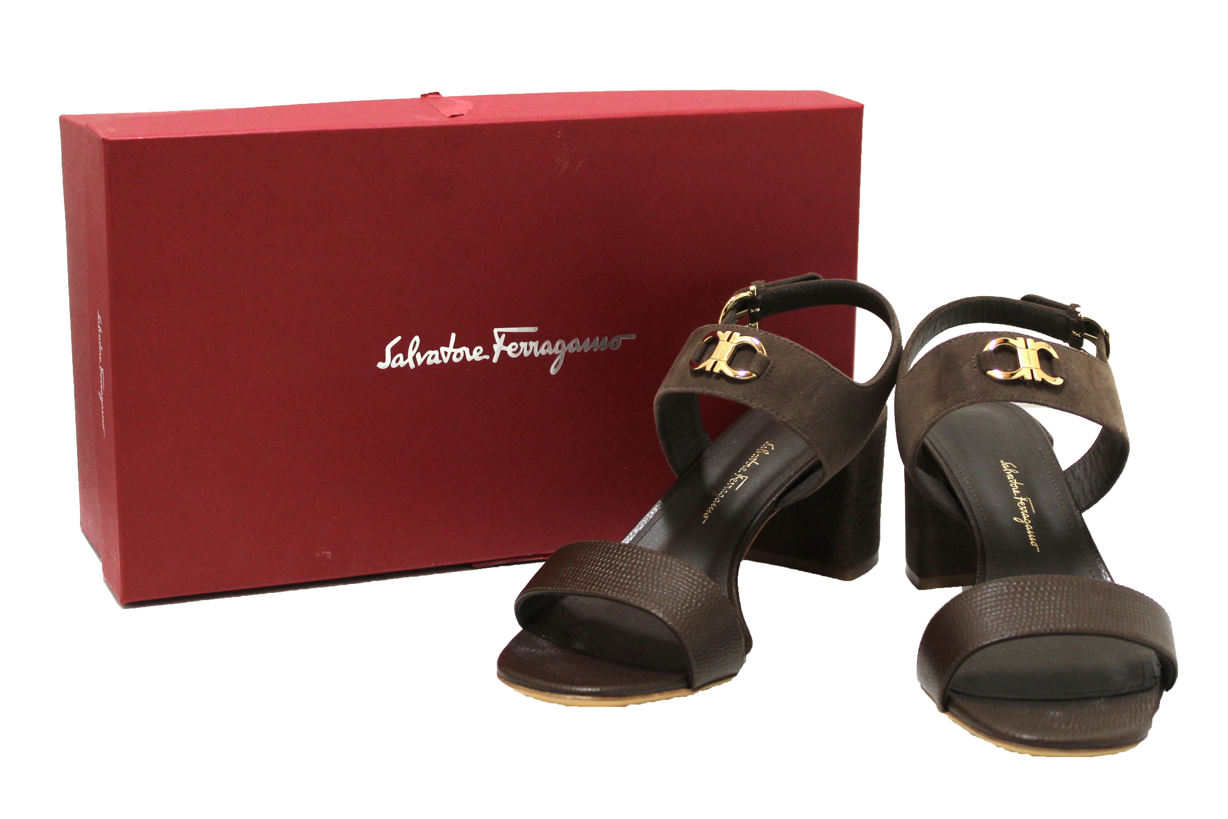 Authentic NEW Salvatore Ferragamo Brown Calf Leather with Muschio Suede Cayla 55 Sandal Size 9C