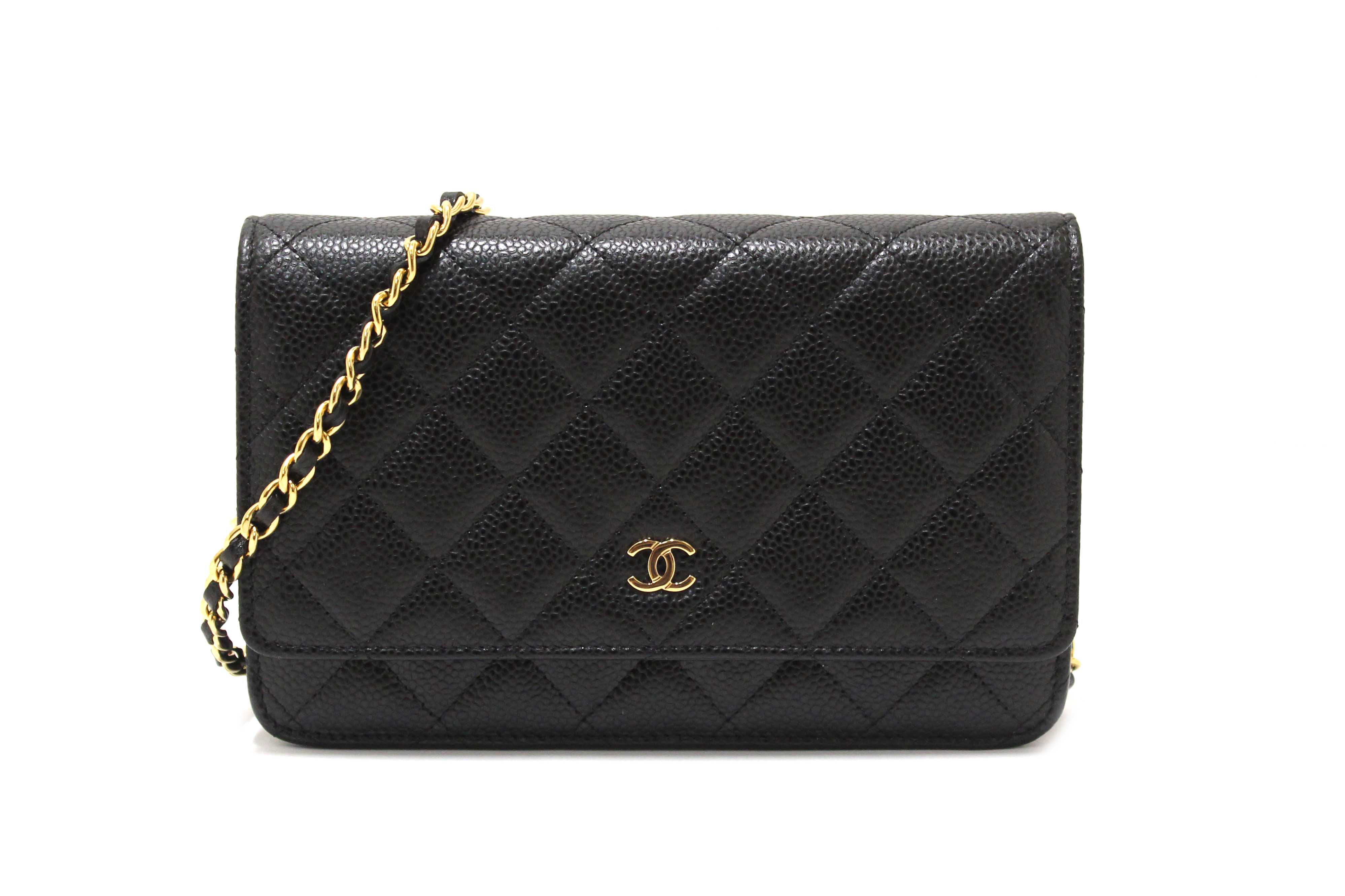 Authentic Chanel Black Quilted Caviar Leather Wallet On Chain WOC Messenger Bag