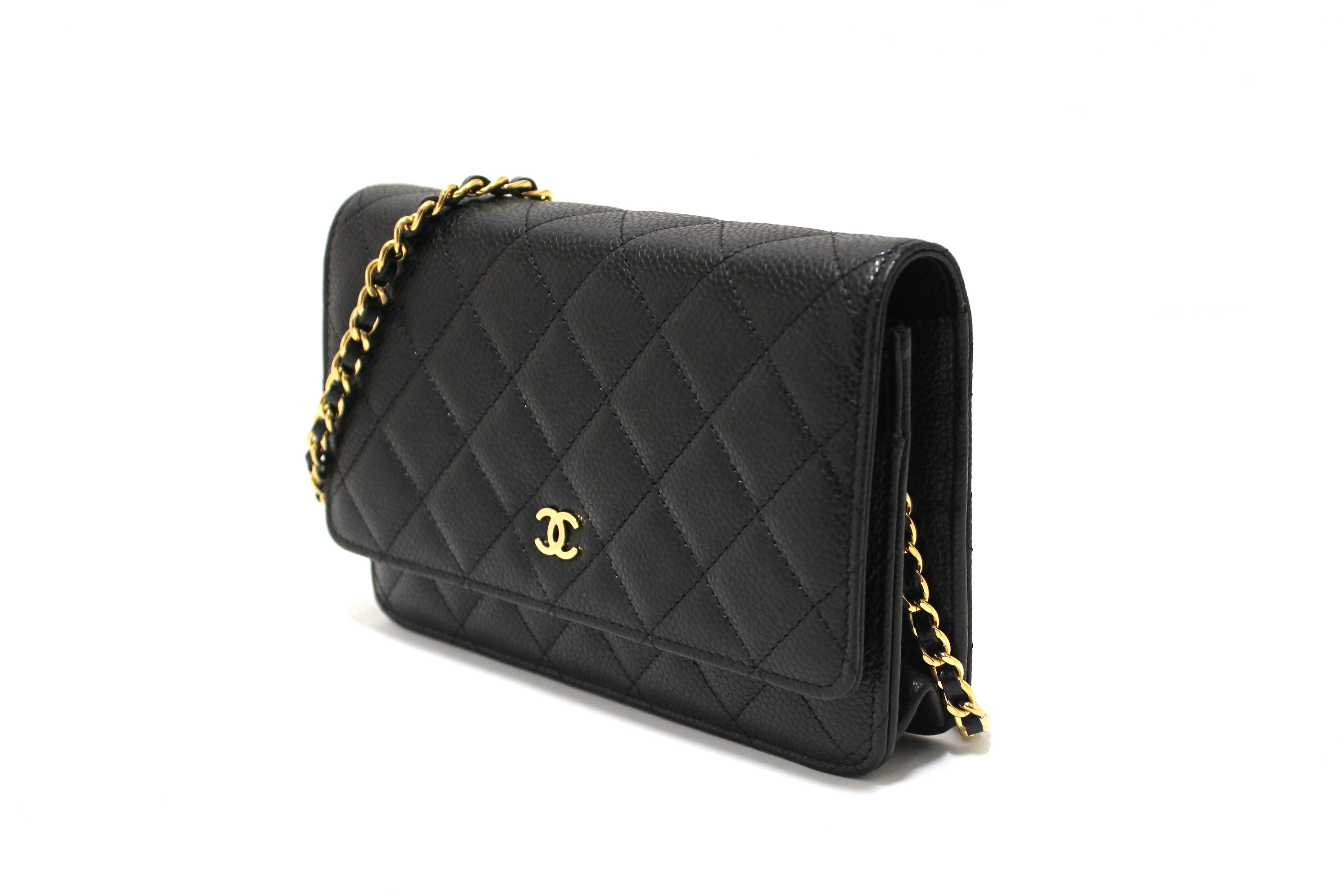 Authentic Chanel Black Quilted Caviar Leather Wallet On Chain WOC Messenger Bag