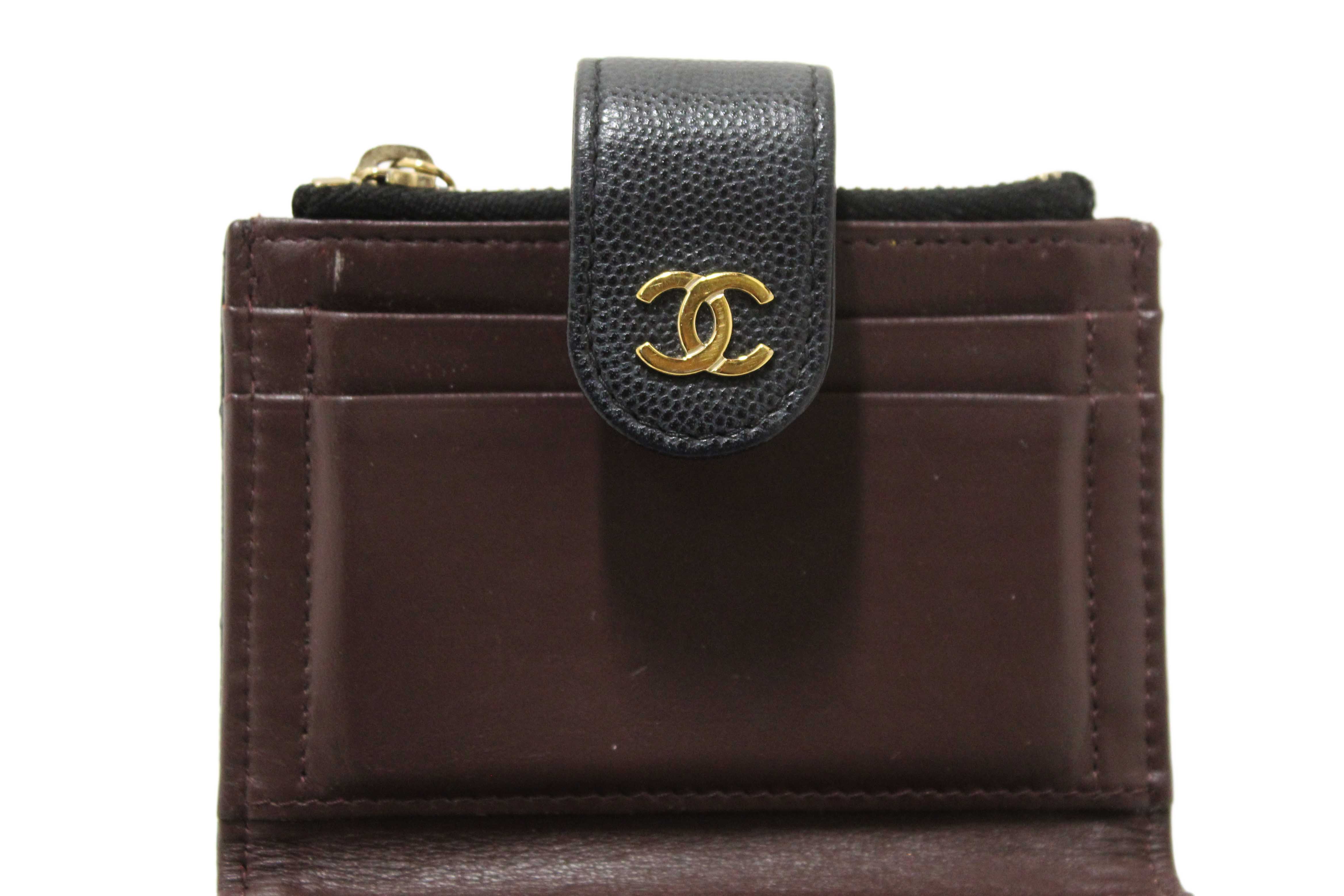 Authentic Chanel Black Quilted Caviar Double Zip Mini French Wallet