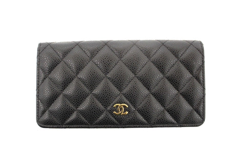 Authentic Chanel Black Quilted Caviar Leather Long Wallet