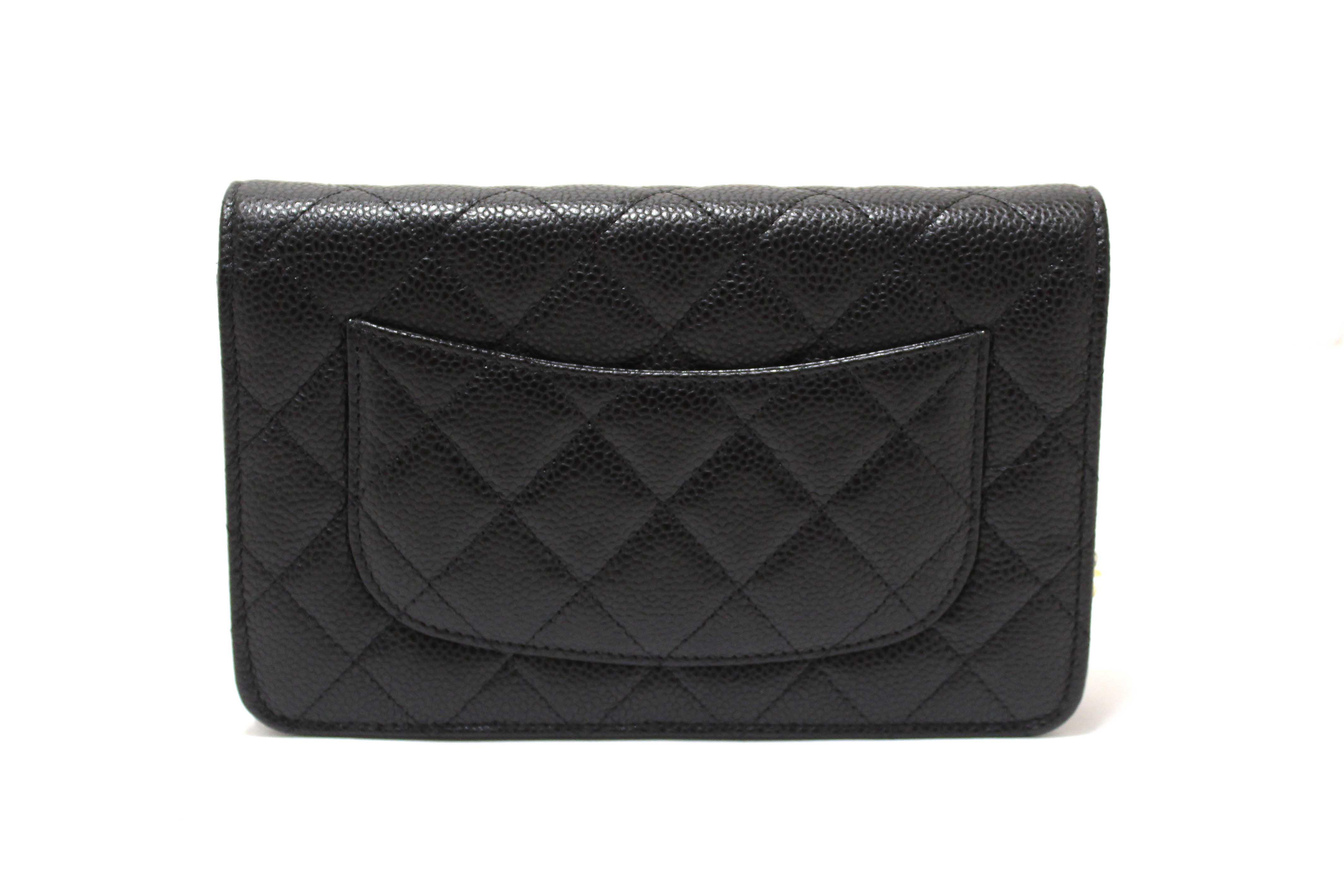 Authentic Chanel Black Quilted Caviar Leather Wallet On Chain WOC Messenger Bag