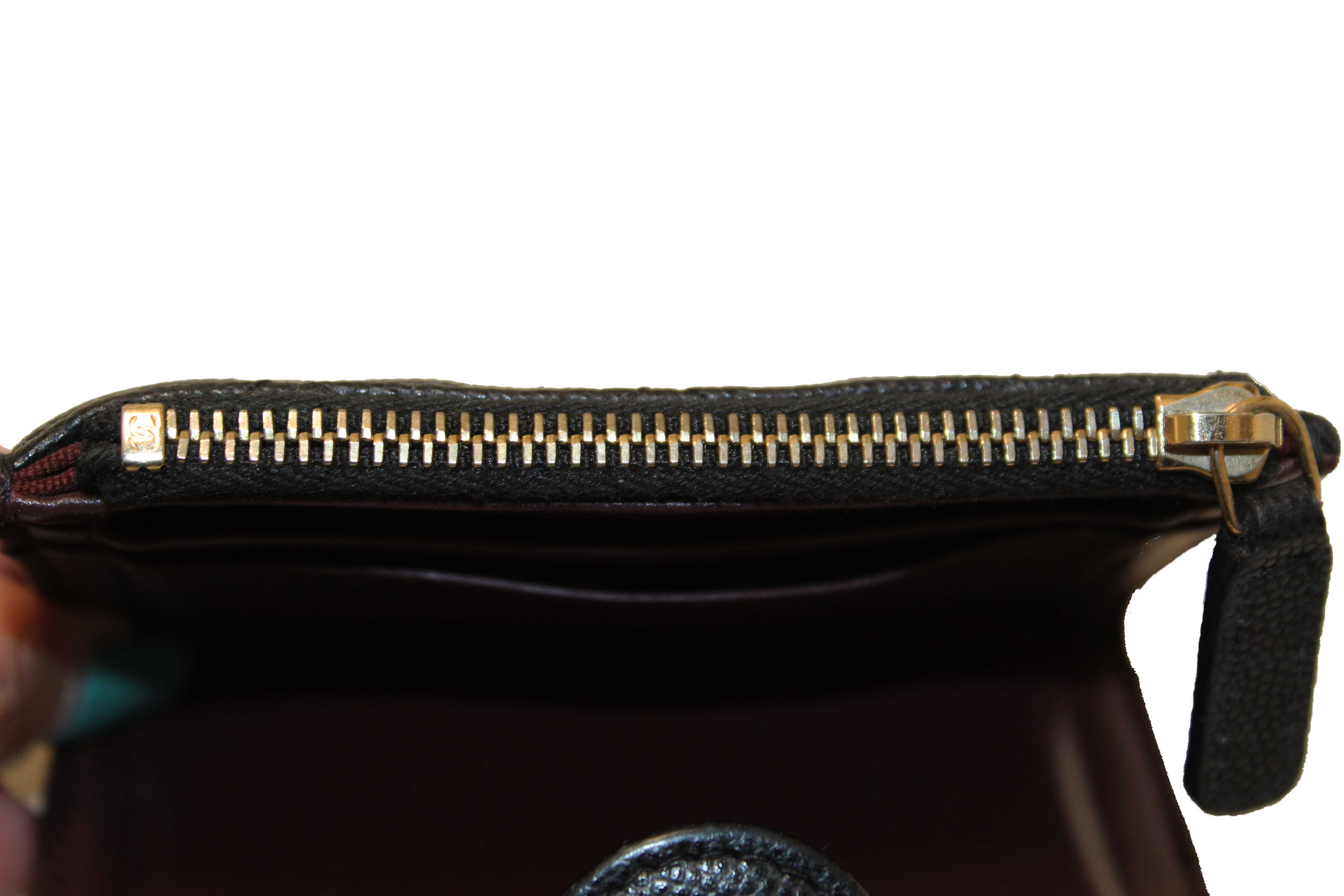 Authentic Chanel Black Quilted Caviar Double Zip Mini French Wallet