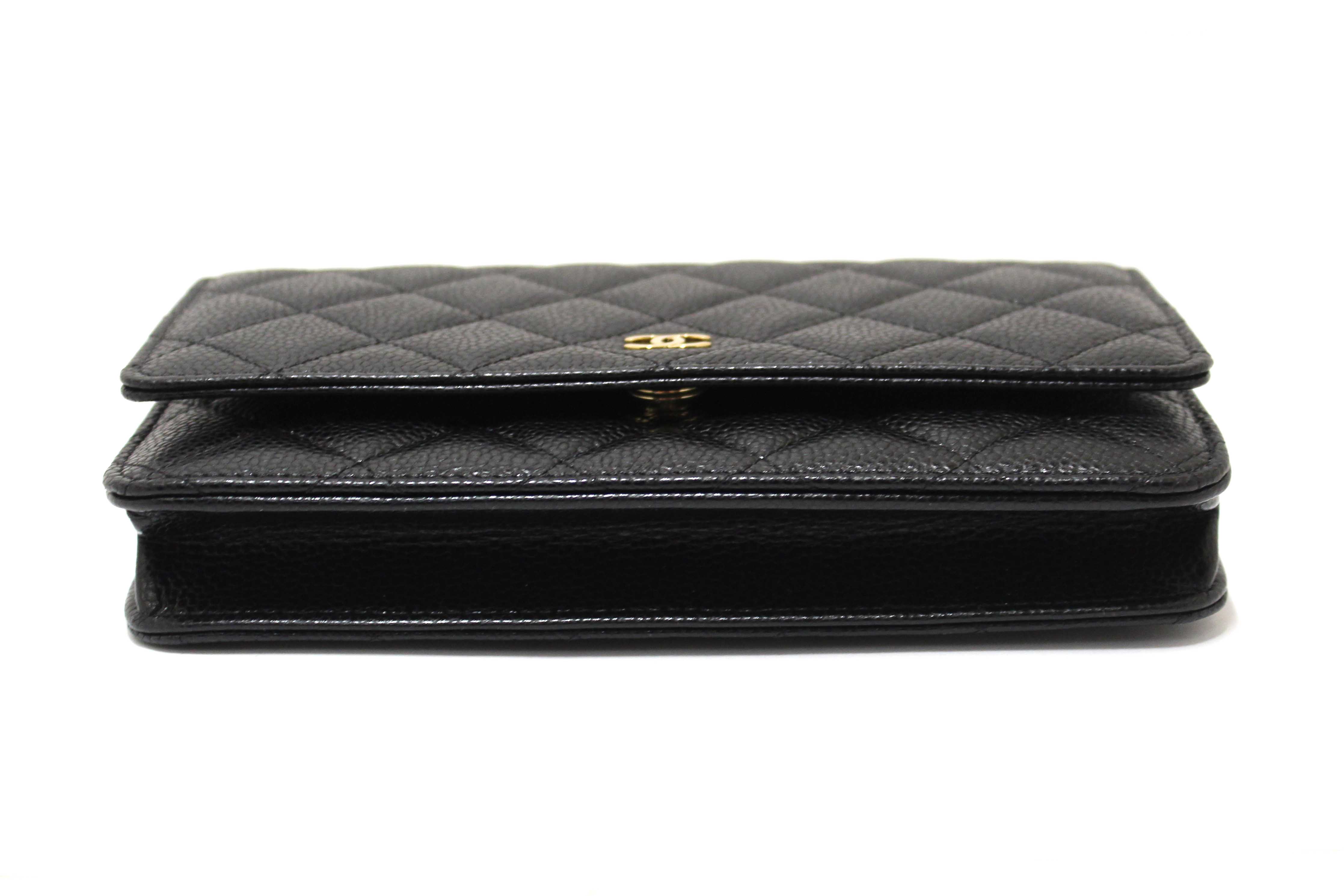 Authentic Chanel Black Quilted Caviar Leather Wallet On Chain WOC Messenger Bag