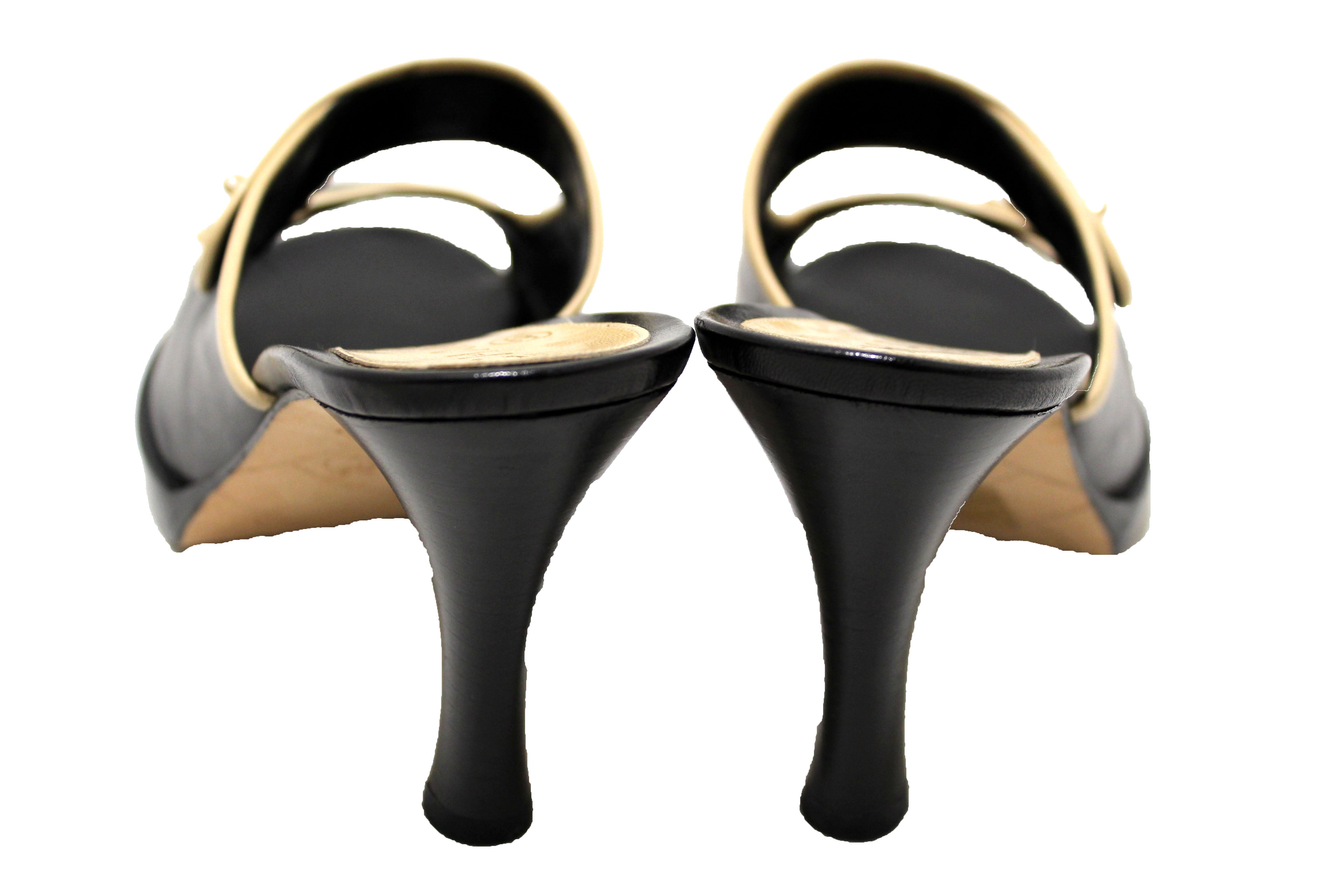 Authentic Chanel Chanel Black Leather Turnlock CC Logo Mule Strap Slide Heel Sandal 40