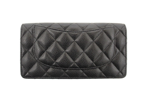 Authentic Chanel Black Quilted Caviar Leather Long Wallet