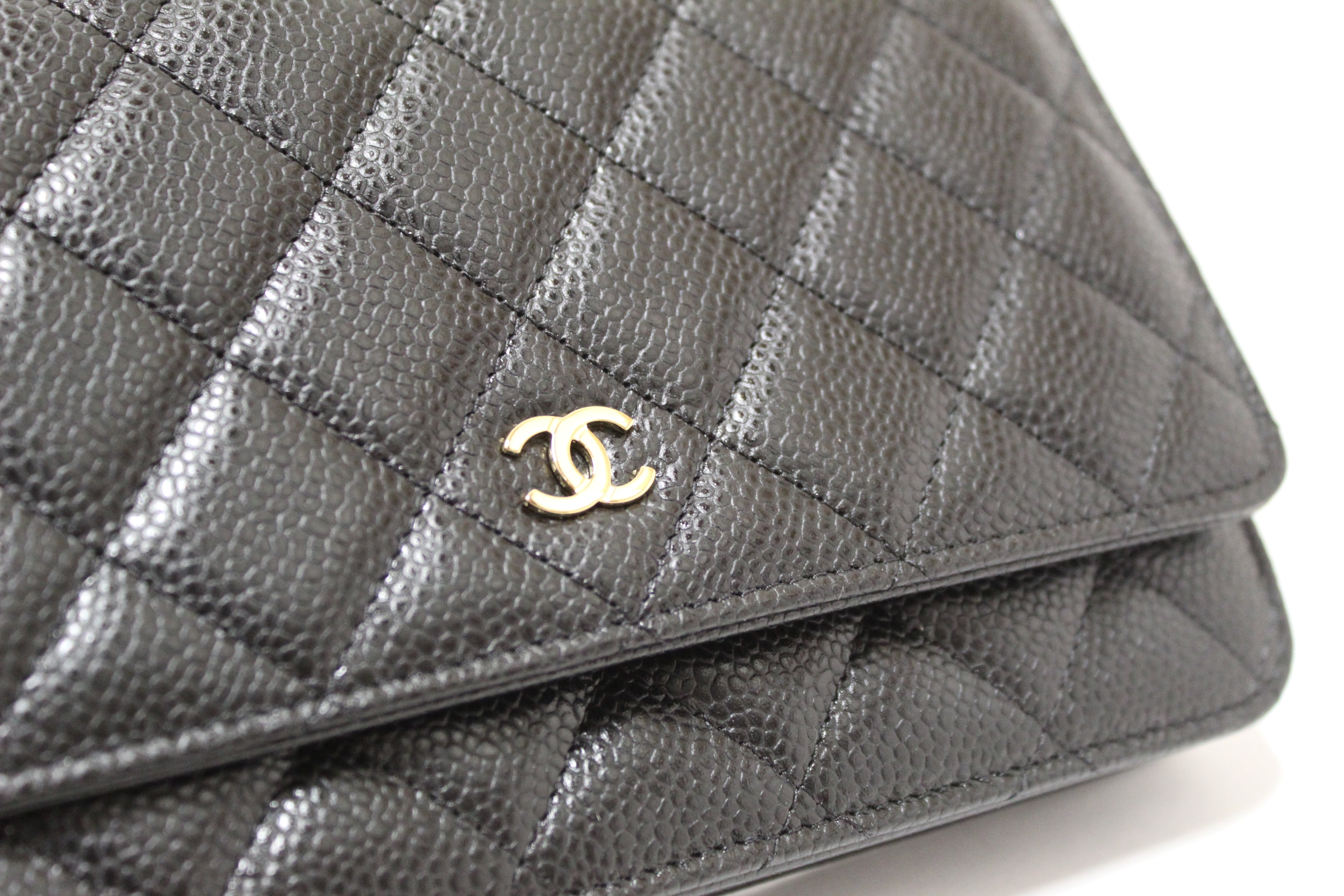 Authentic Chanel Black Quilted Caviar Leather Wallet On Chain WOC Messenger Bag