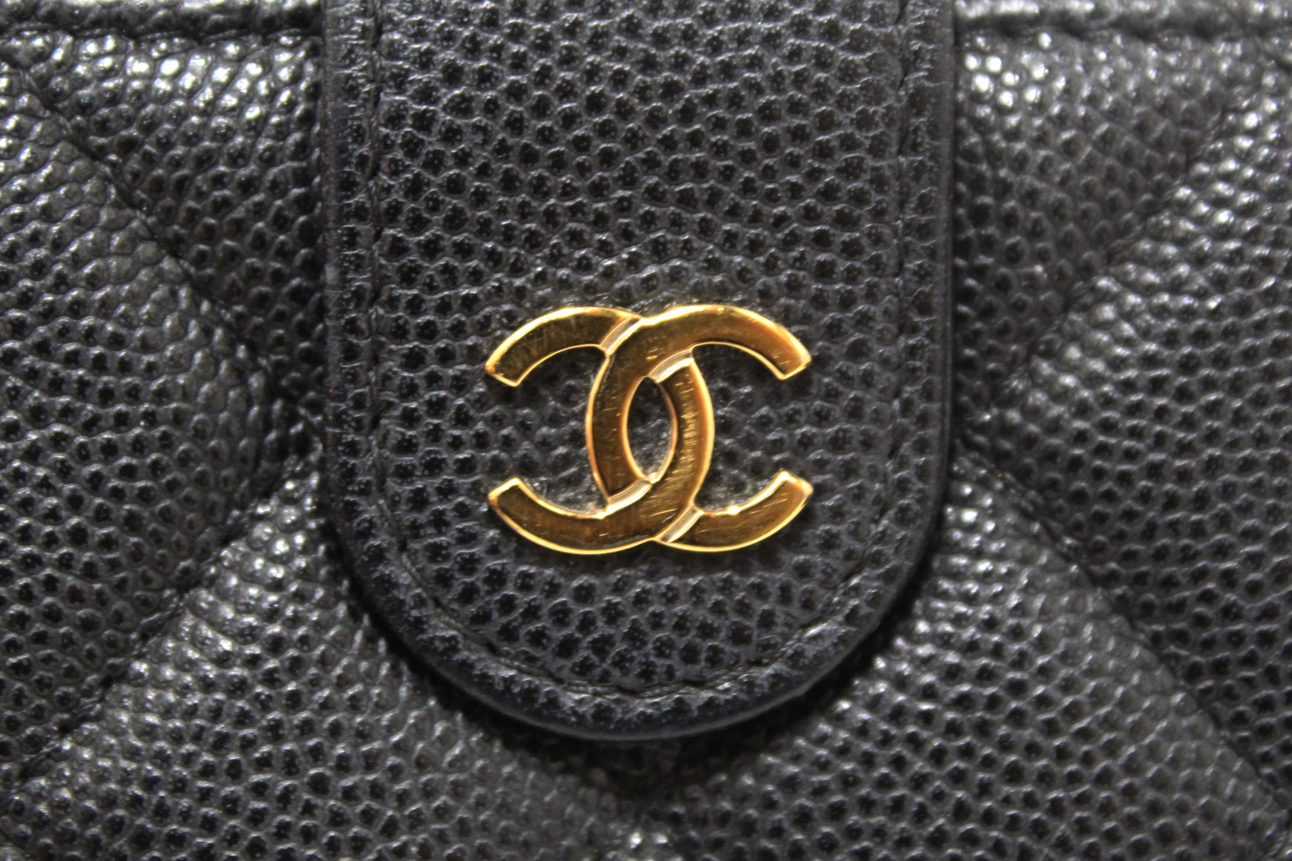 Authentic Chanel Black Quilted Caviar Double Zip Mini French Wallet