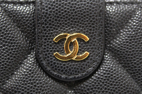 Authentic Chanel Black Quilted Caviar Double Zip Mini French Wallet