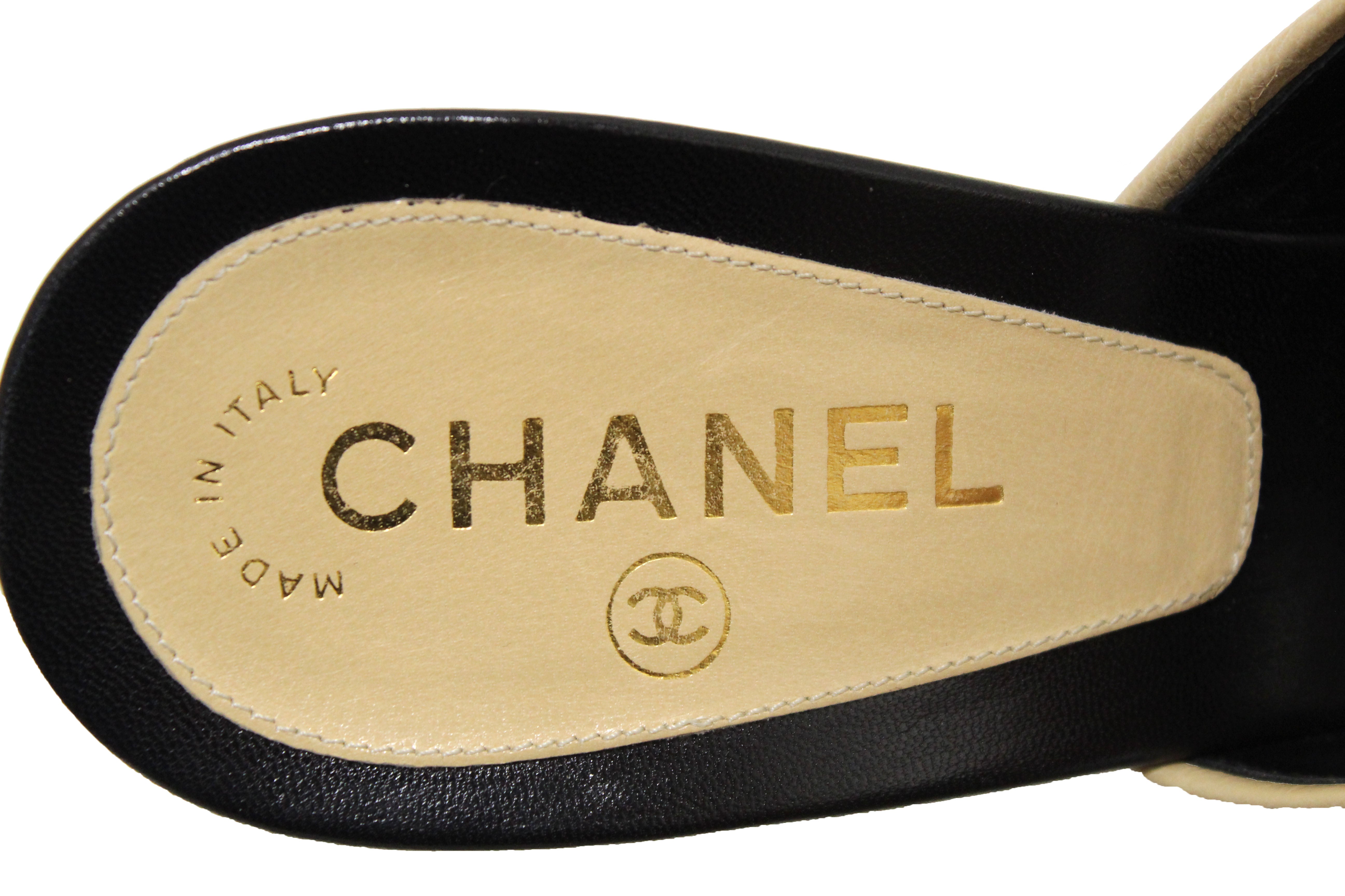 Authentic Chanel Chanel Black Leather Turnlock CC Logo Mule Strap Slide Heel Sandal 40