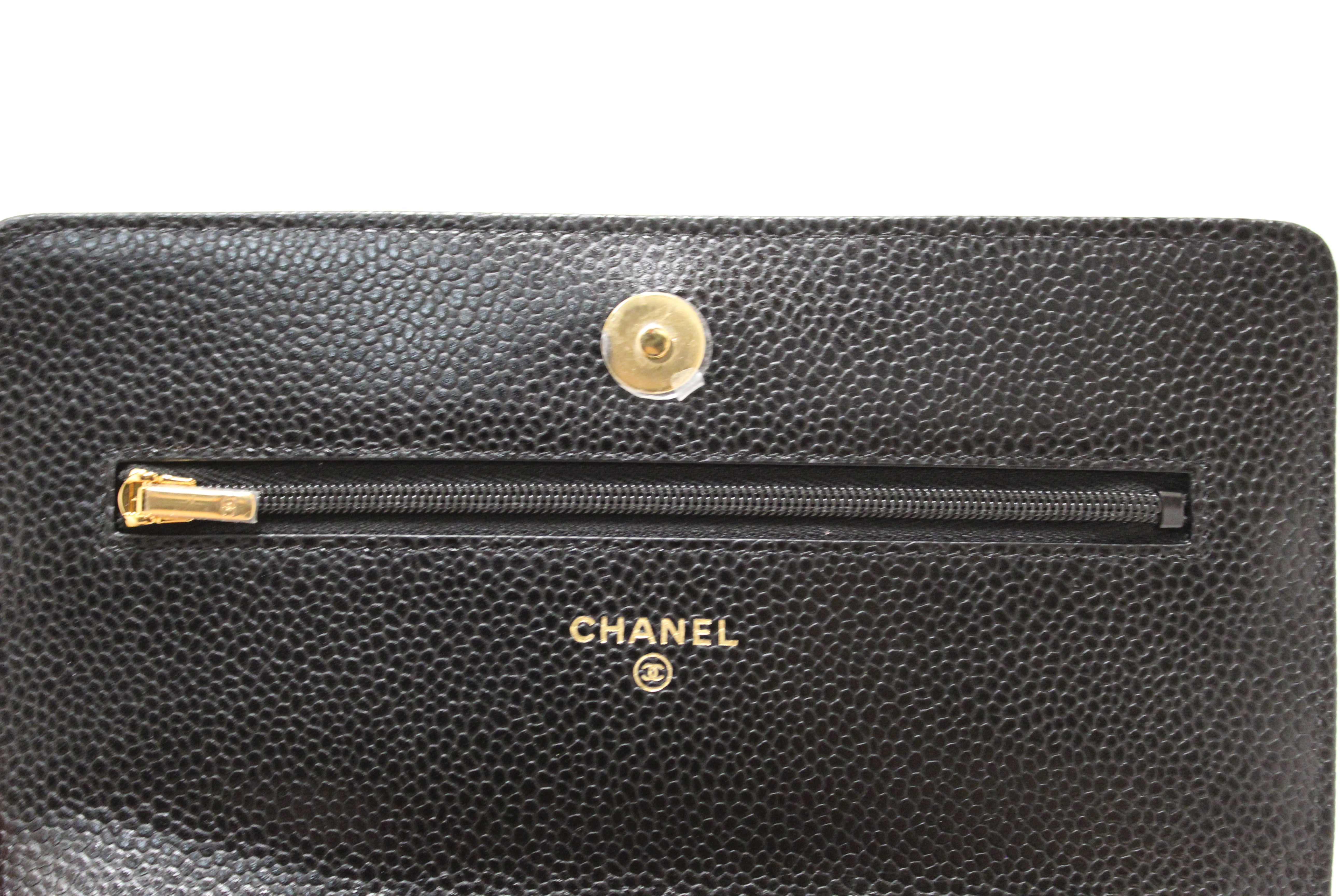 Authentic Chanel Black Quilted Caviar Leather Wallet On Chain WOC Messenger Bag