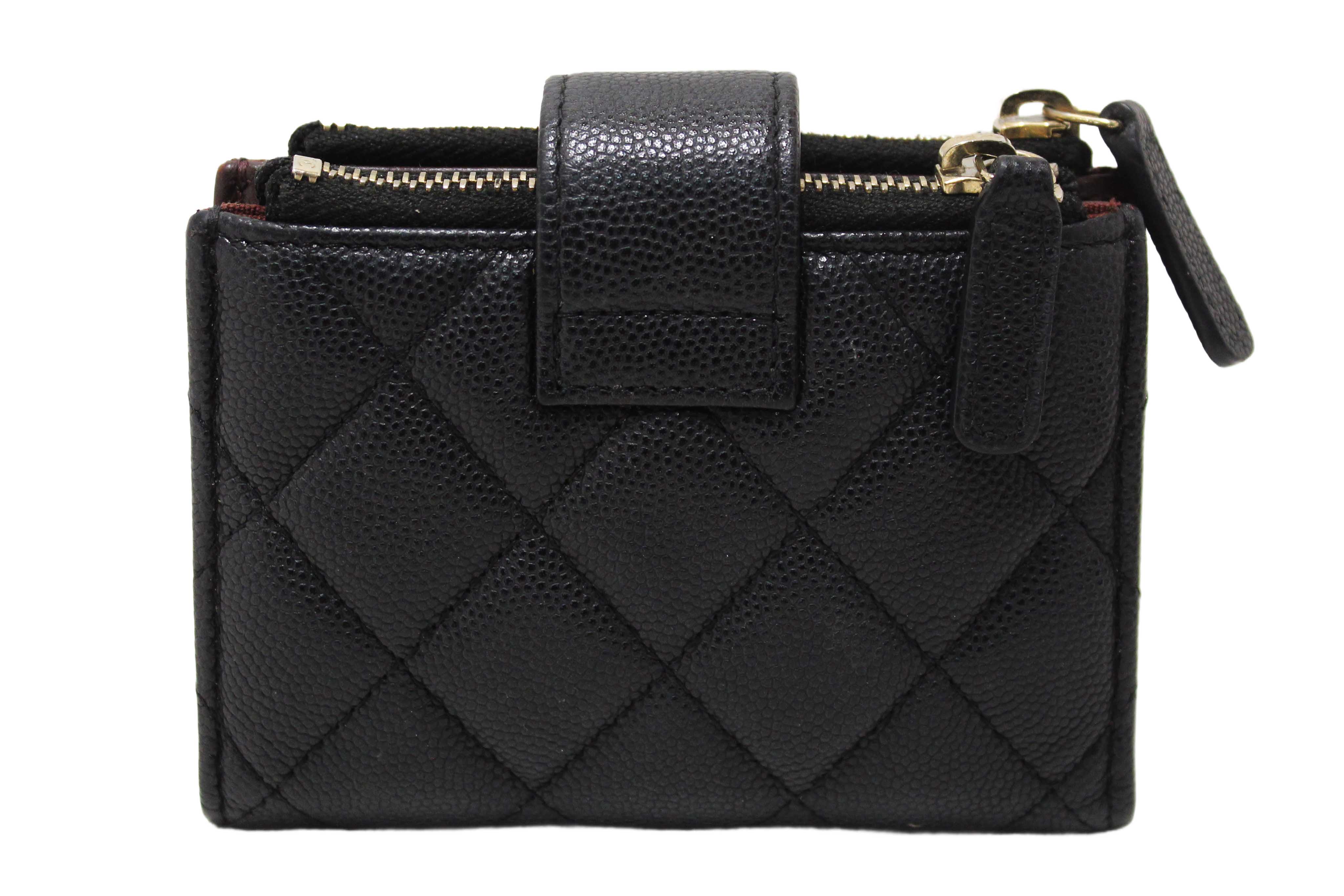Authentic Chanel Black Quilted Caviar Double Zip Mini French Wallet