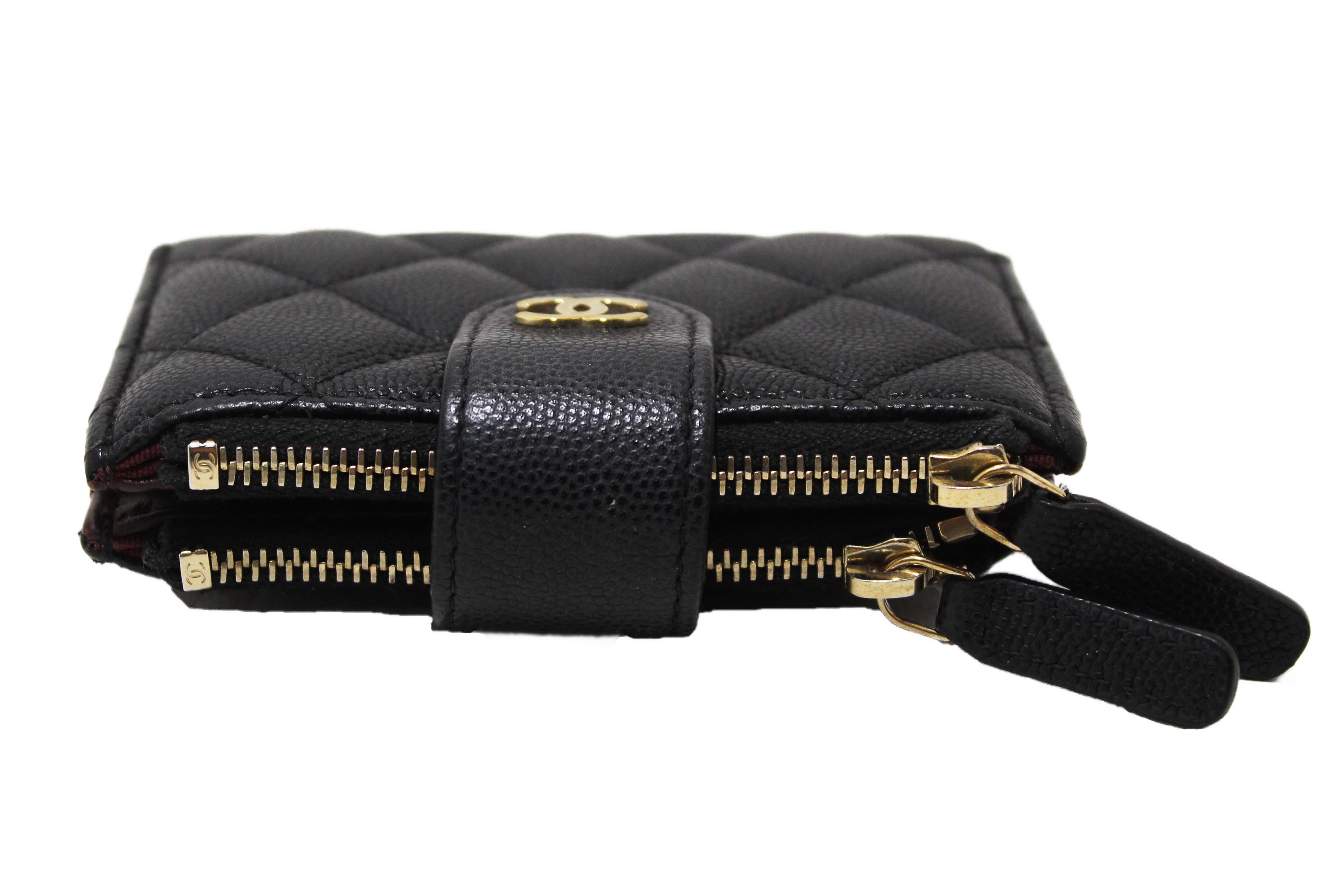 Authentic Chanel Black Quilted Caviar Double Zip Mini French Wallet