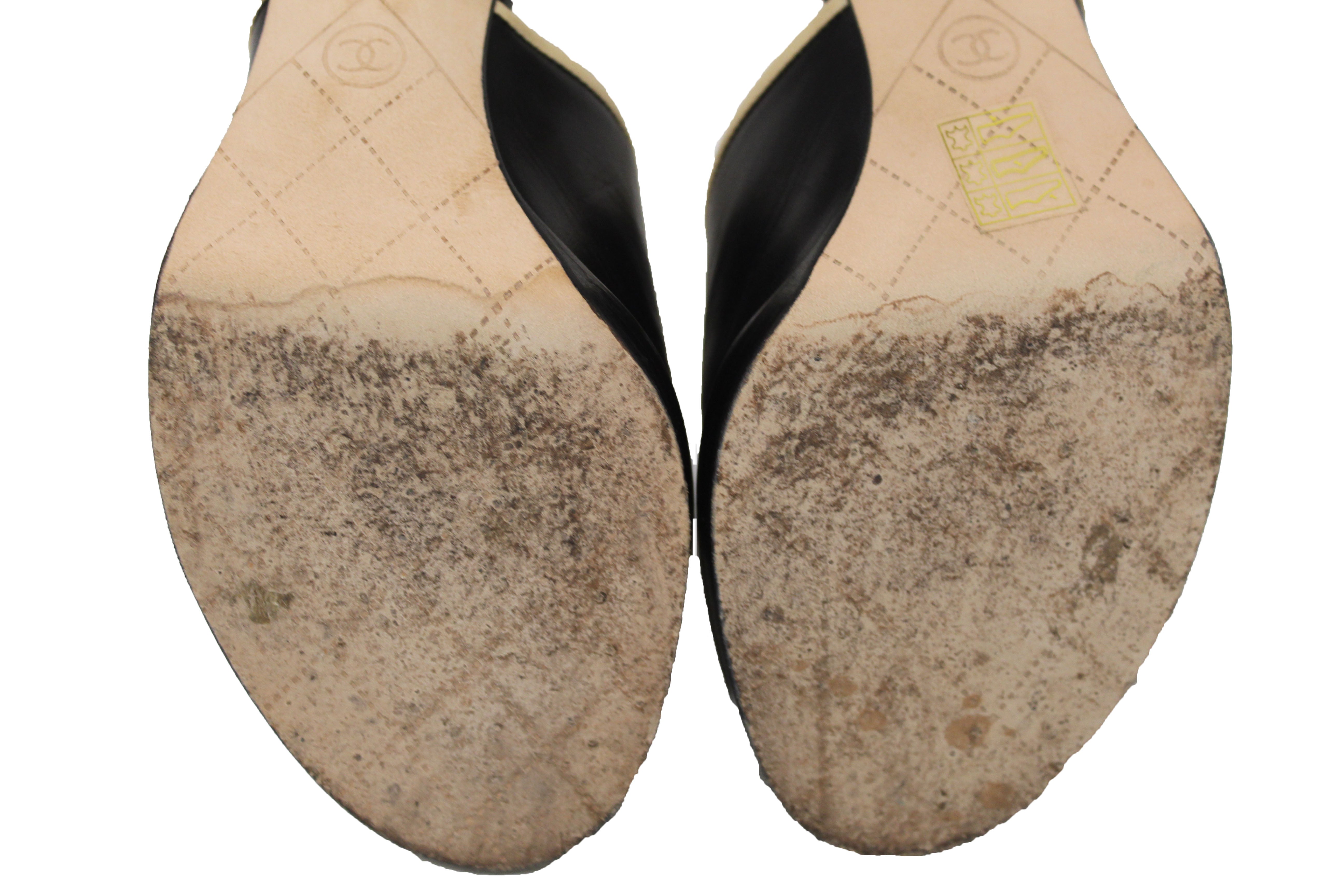 Authentic Chanel Chanel Black Leather Turnlock CC Logo Mule Strap Slide Heel Sandal 40