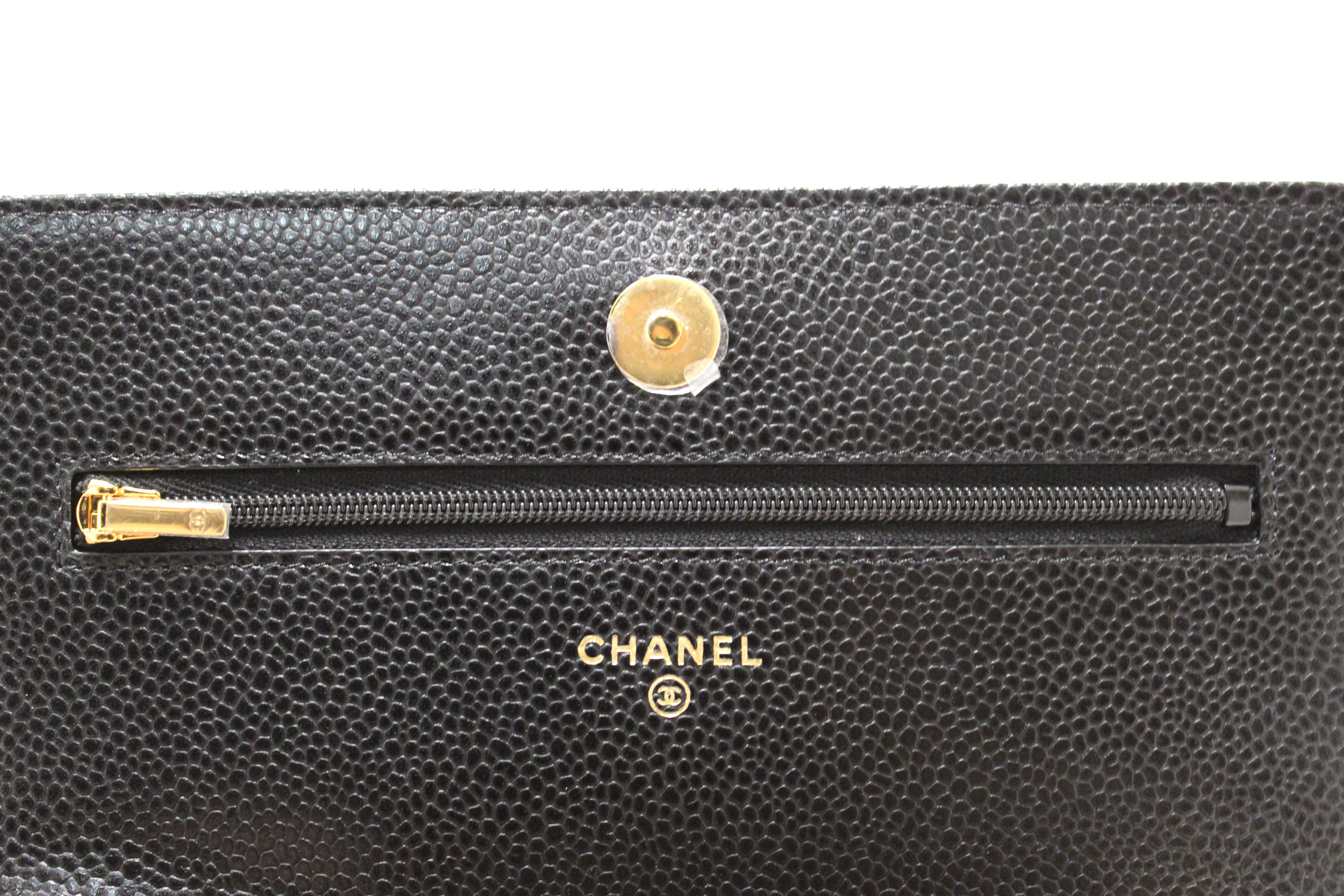 Authentic Chanel Black Quilted Caviar Leather Wallet On Chain WOC Messenger Bag