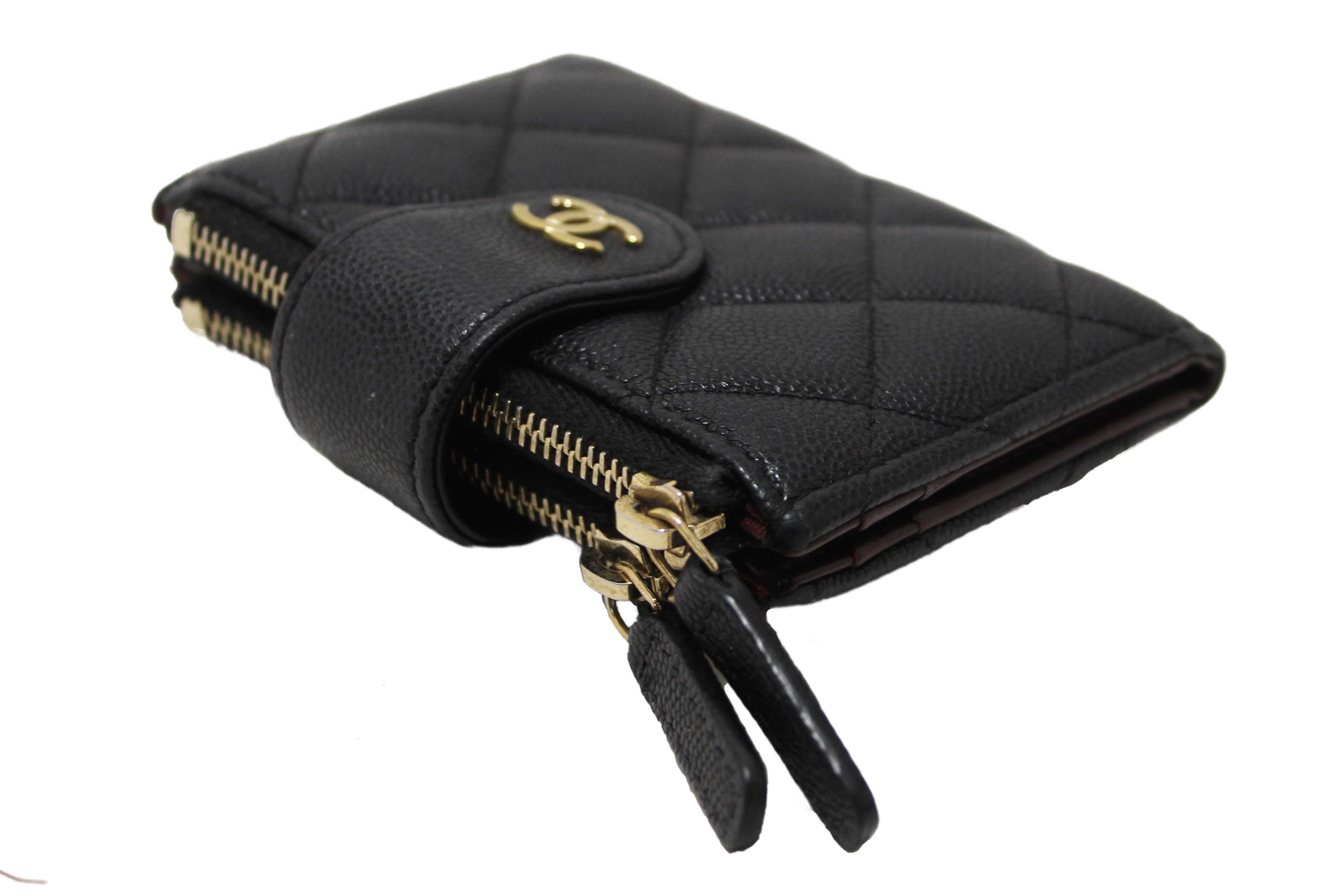 Authentic Chanel Black Quilted Caviar Double Zip Mini French Wallet