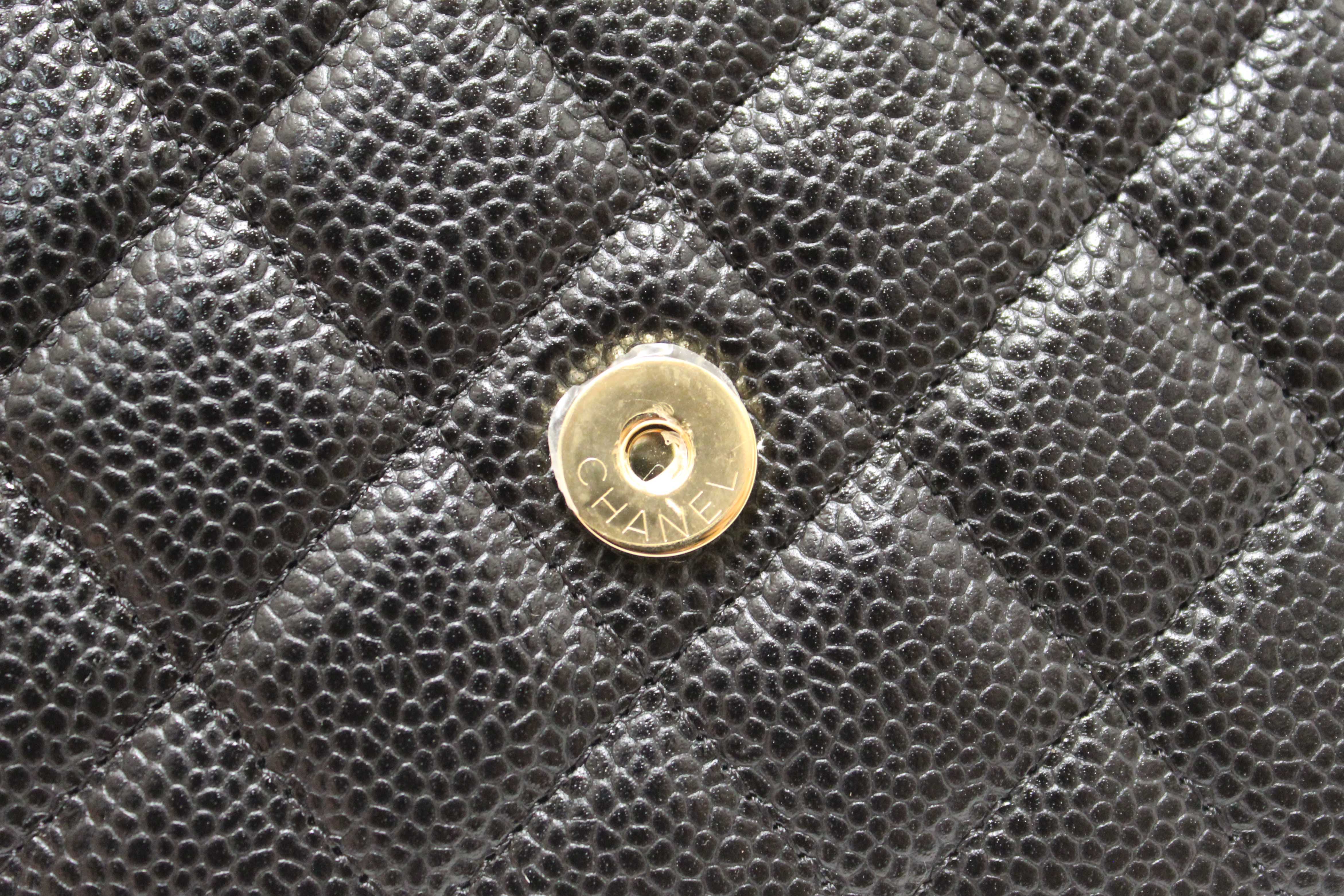 Authentic Chanel Black Quilted Caviar Leather Wallet On Chain WOC Messenger Bag