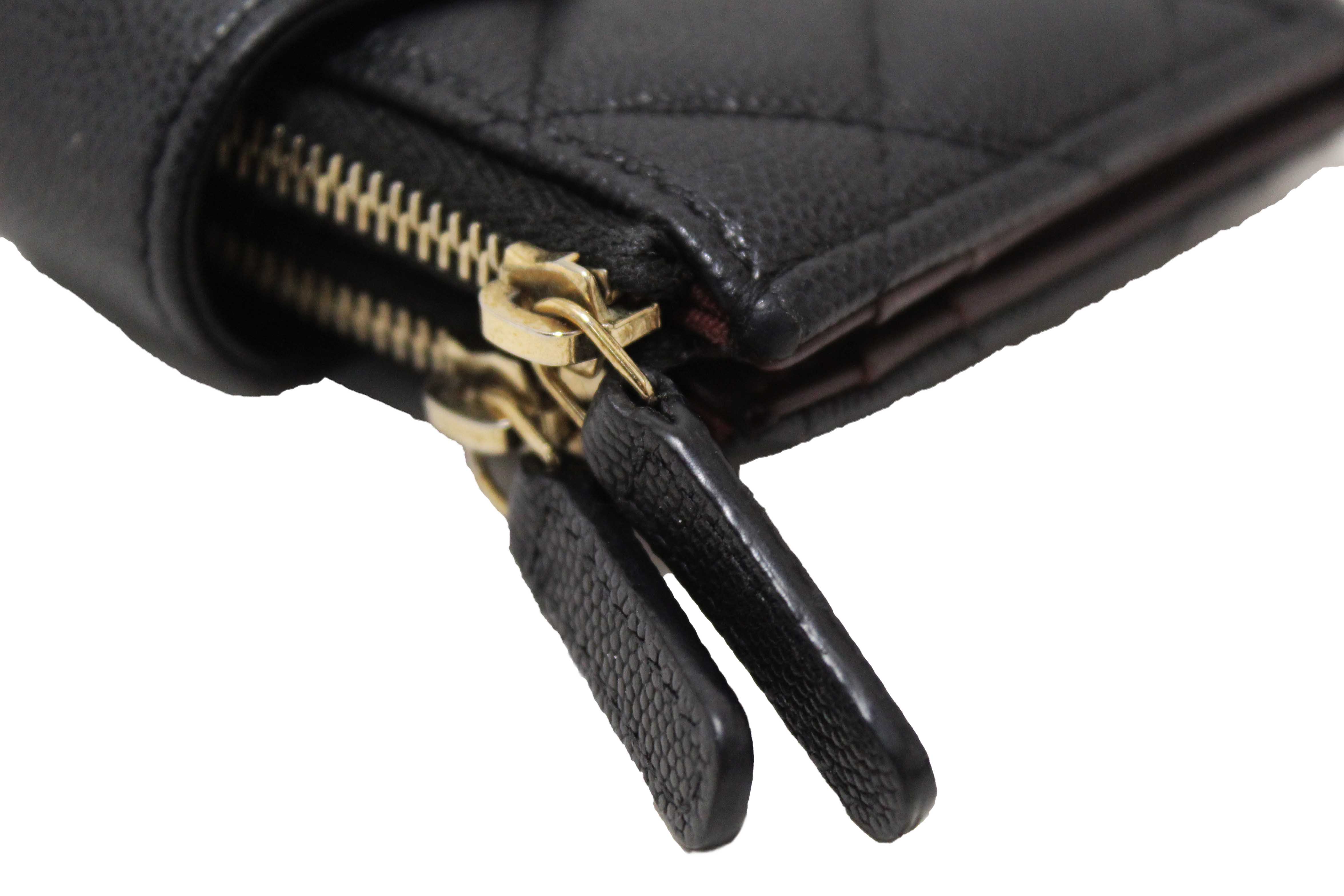 Authentic Chanel Black Quilted Caviar Double Zip Mini French Wallet