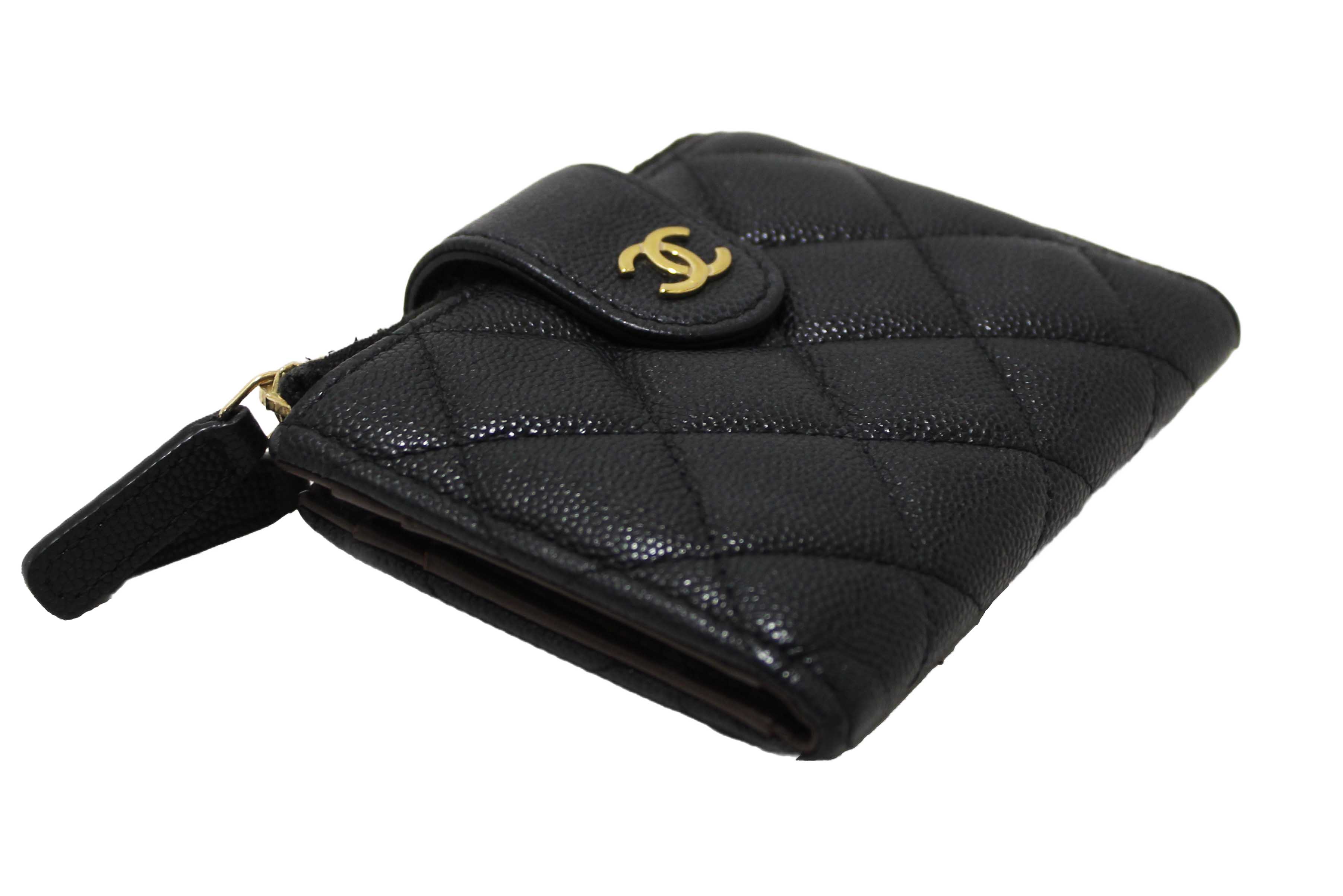 Authentic Chanel Black Quilted Caviar Double Zip Mini French Wallet
