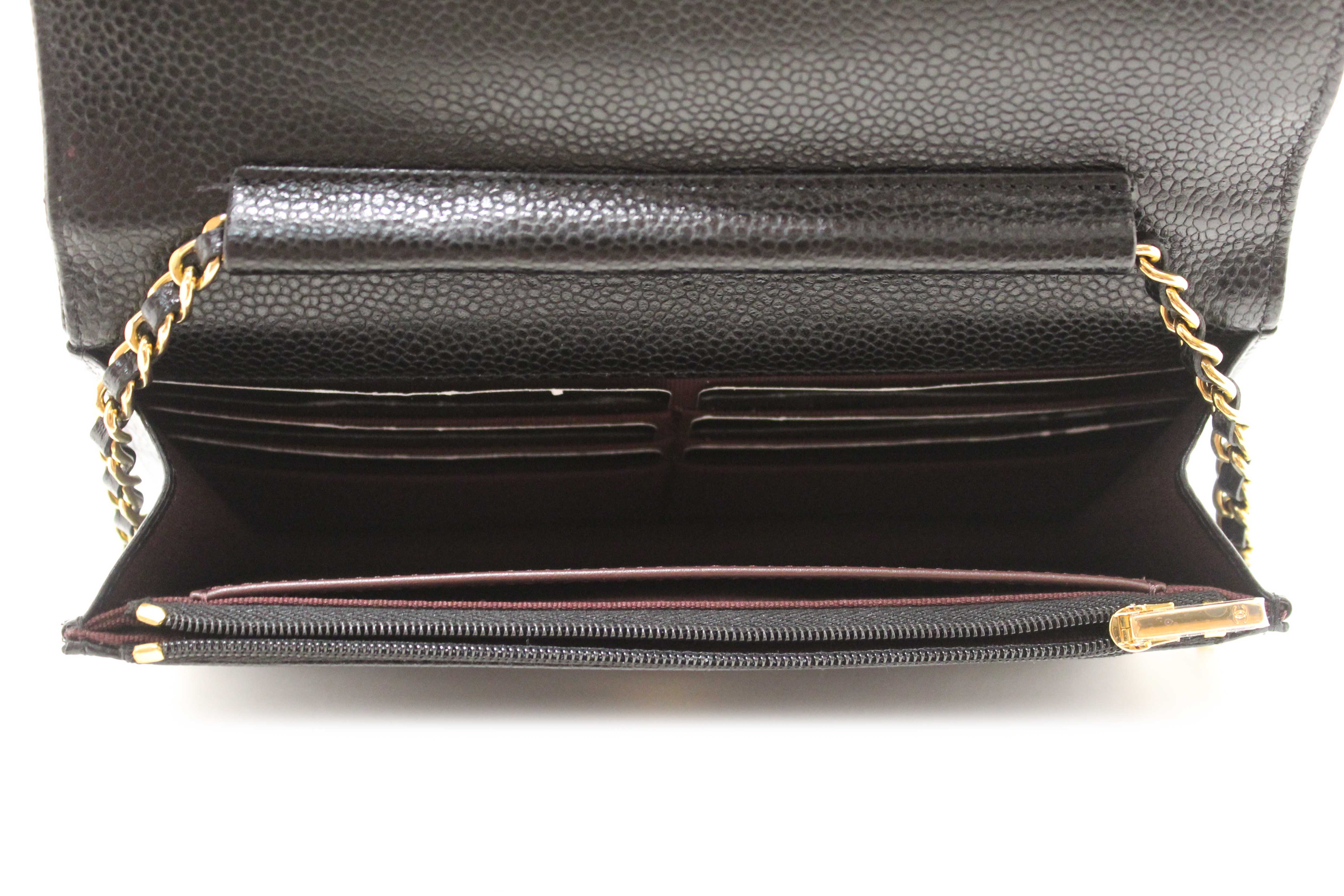 Authentic Chanel Black Quilted Caviar Leather Wallet On Chain WOC Messenger Bag
