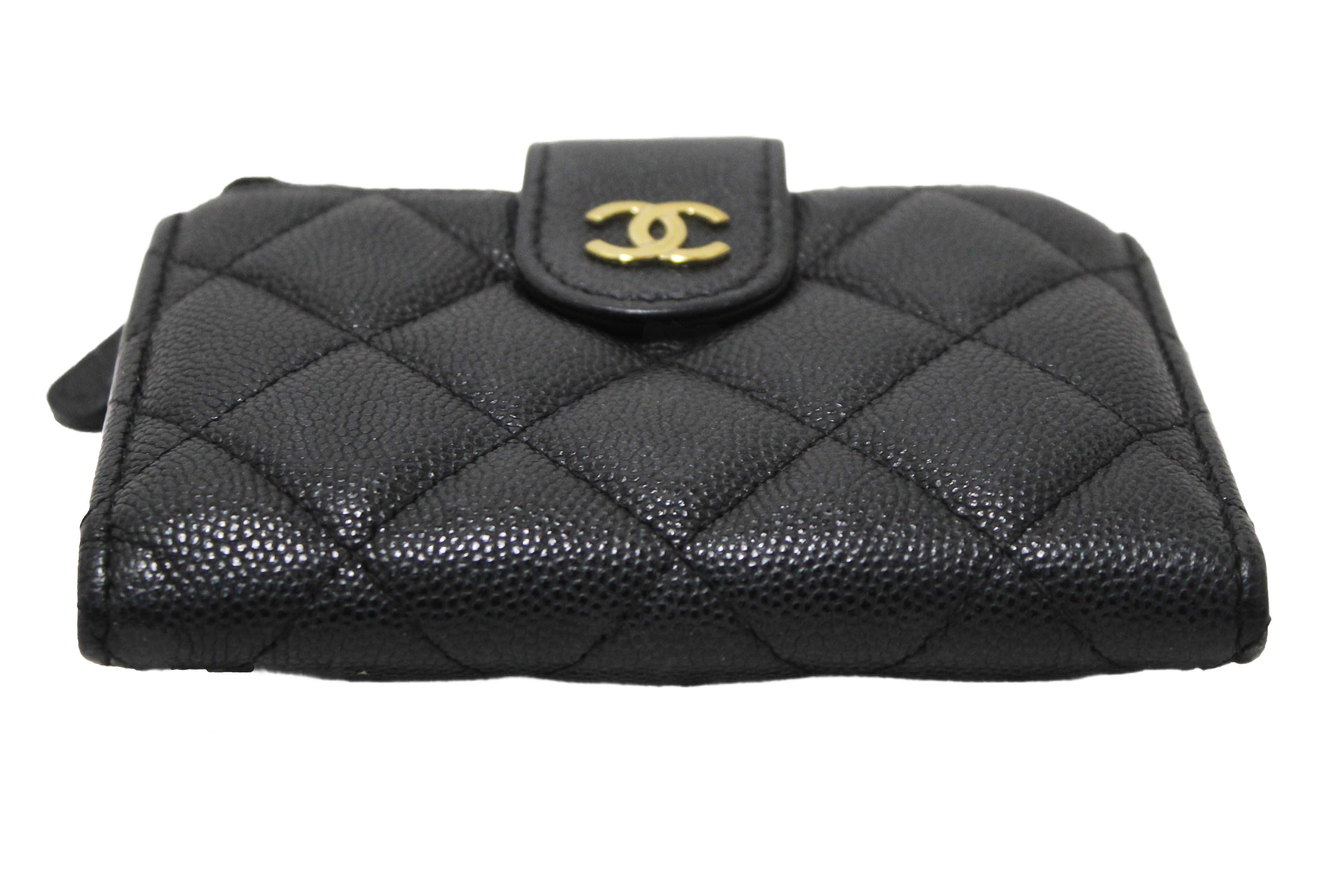 Authentic Chanel Black Quilted Caviar Double Zip Mini French Wallet