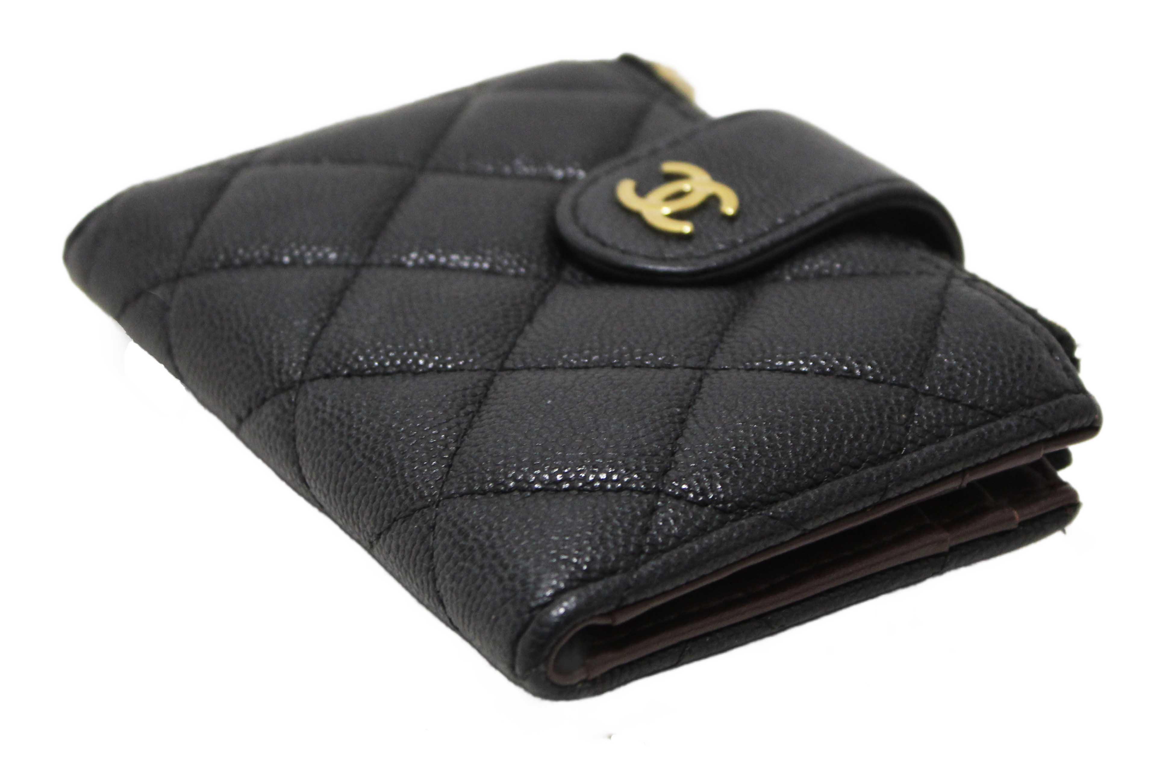 Authentic Chanel Black Quilted Caviar Double Zip Mini French Wallet