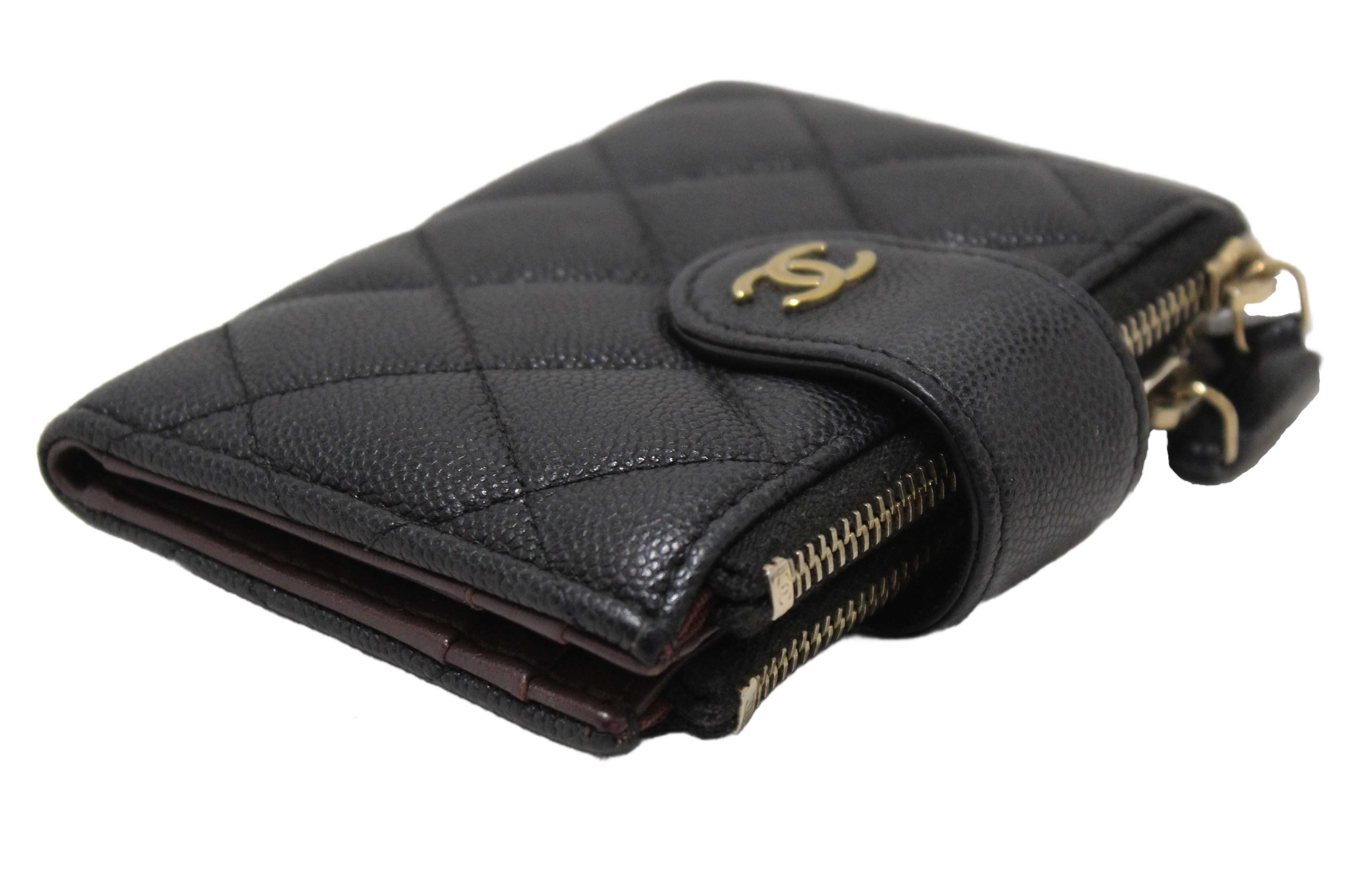 Authentic Chanel Black Quilted Caviar Double Zip Mini French Wallet