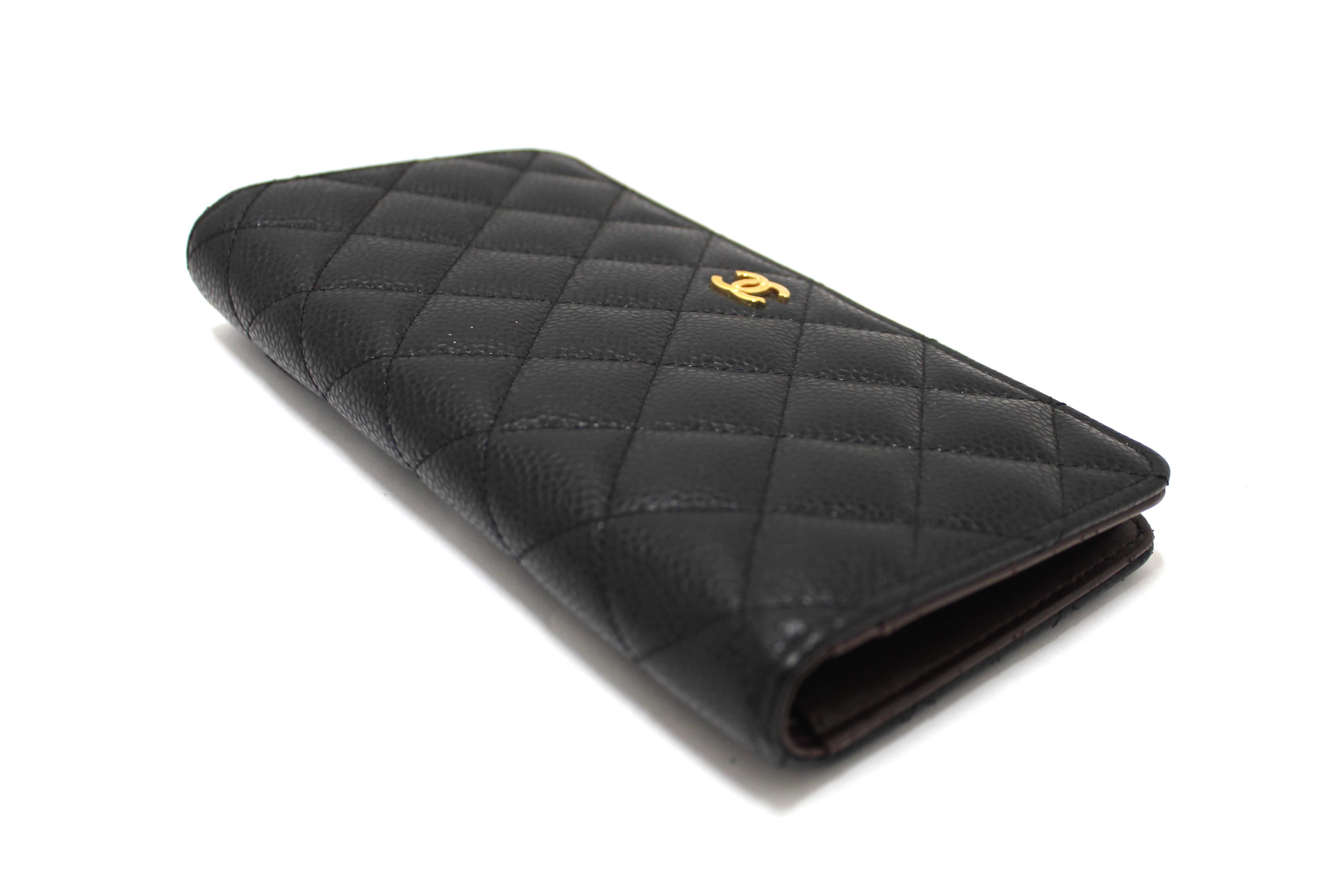 Authentic Chanel Black Quilted Caviar Leather Long Wallet