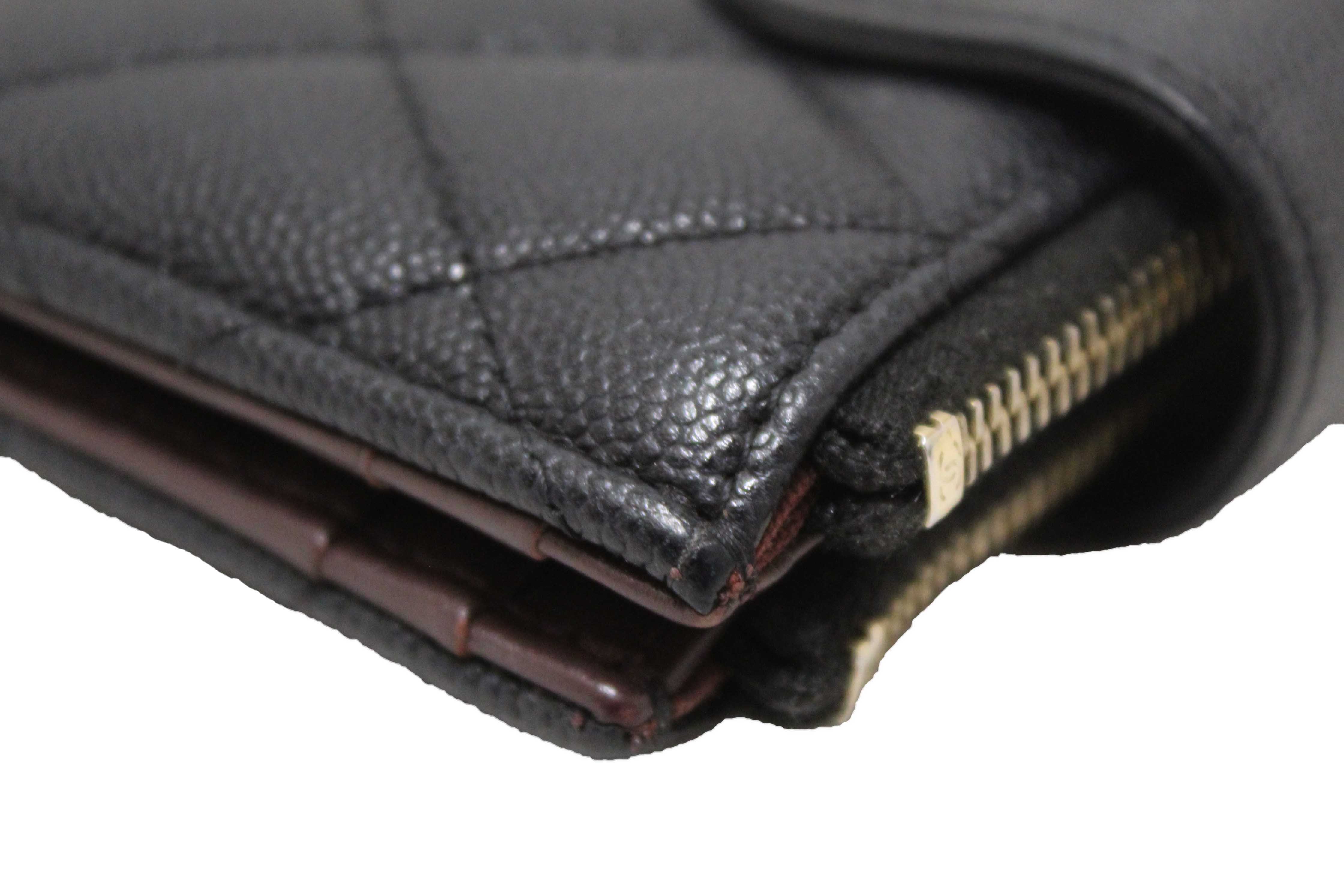 Authentic Chanel Black Quilted Caviar Double Zip Mini French Wallet