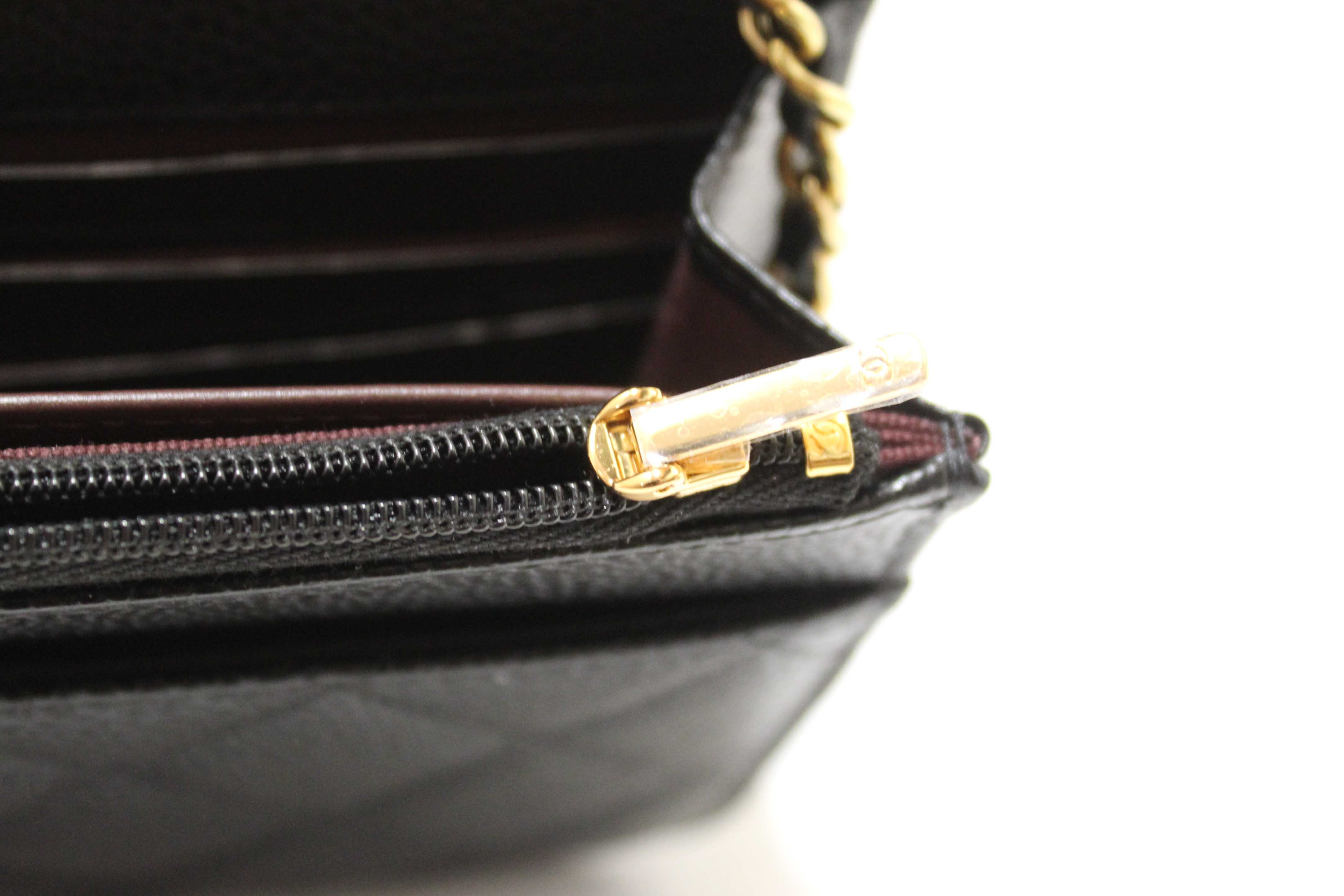 Authentic Chanel Black Quilted Caviar Leather Wallet On Chain WOC Messenger Bag