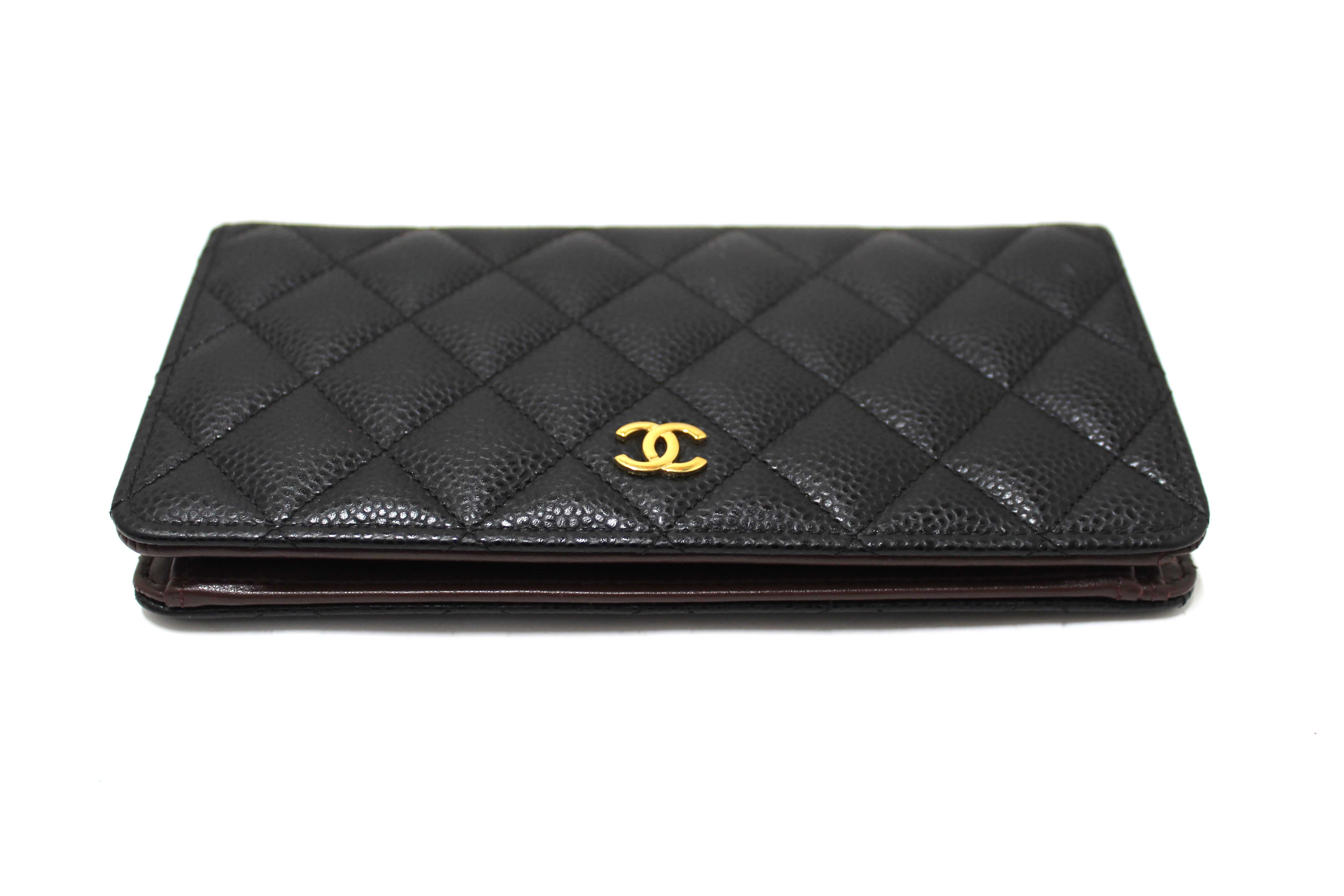 Authentic Chanel Black Quilted Caviar Leather Long Wallet