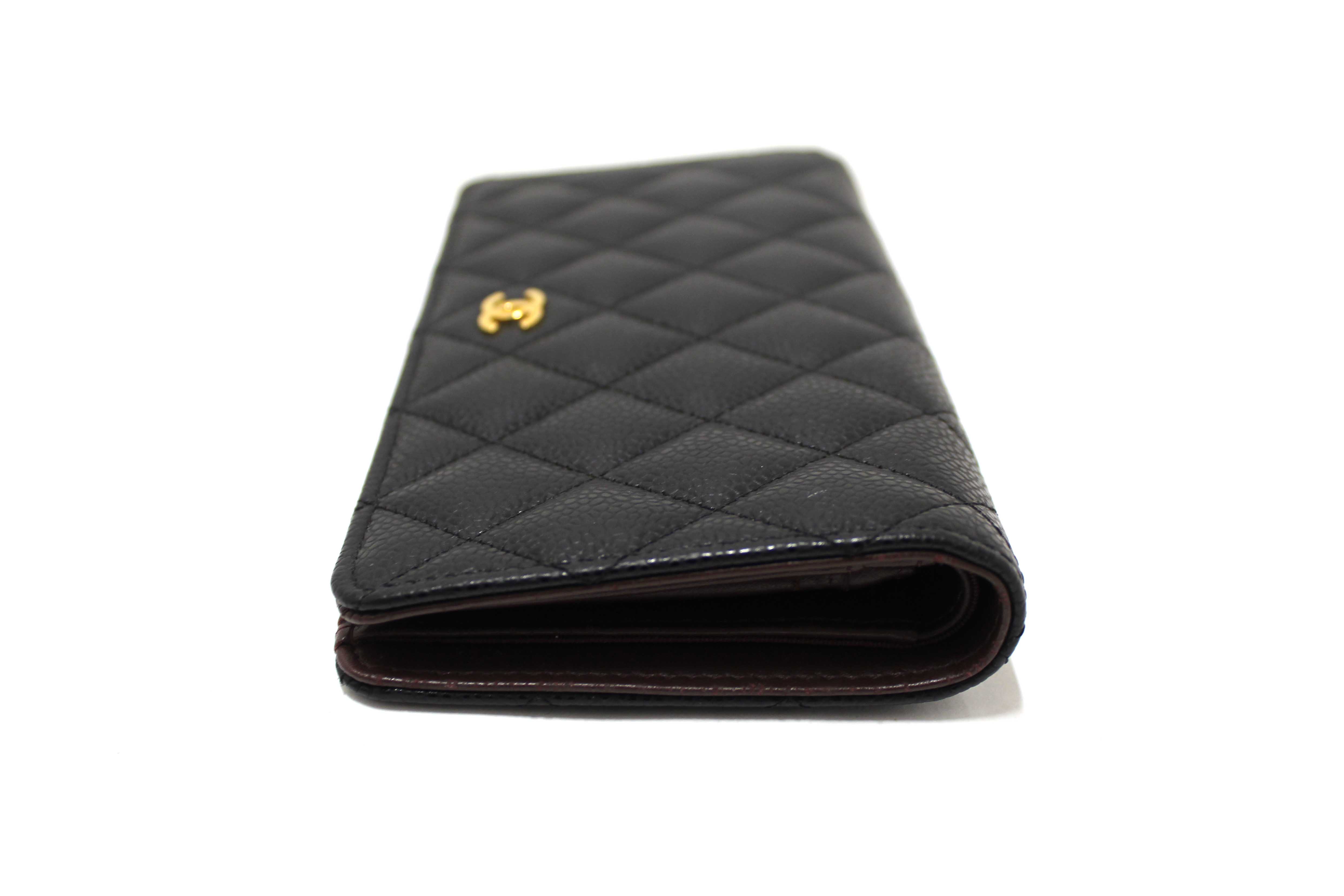 Authentic Chanel Black Quilted Caviar Leather Long Wallet