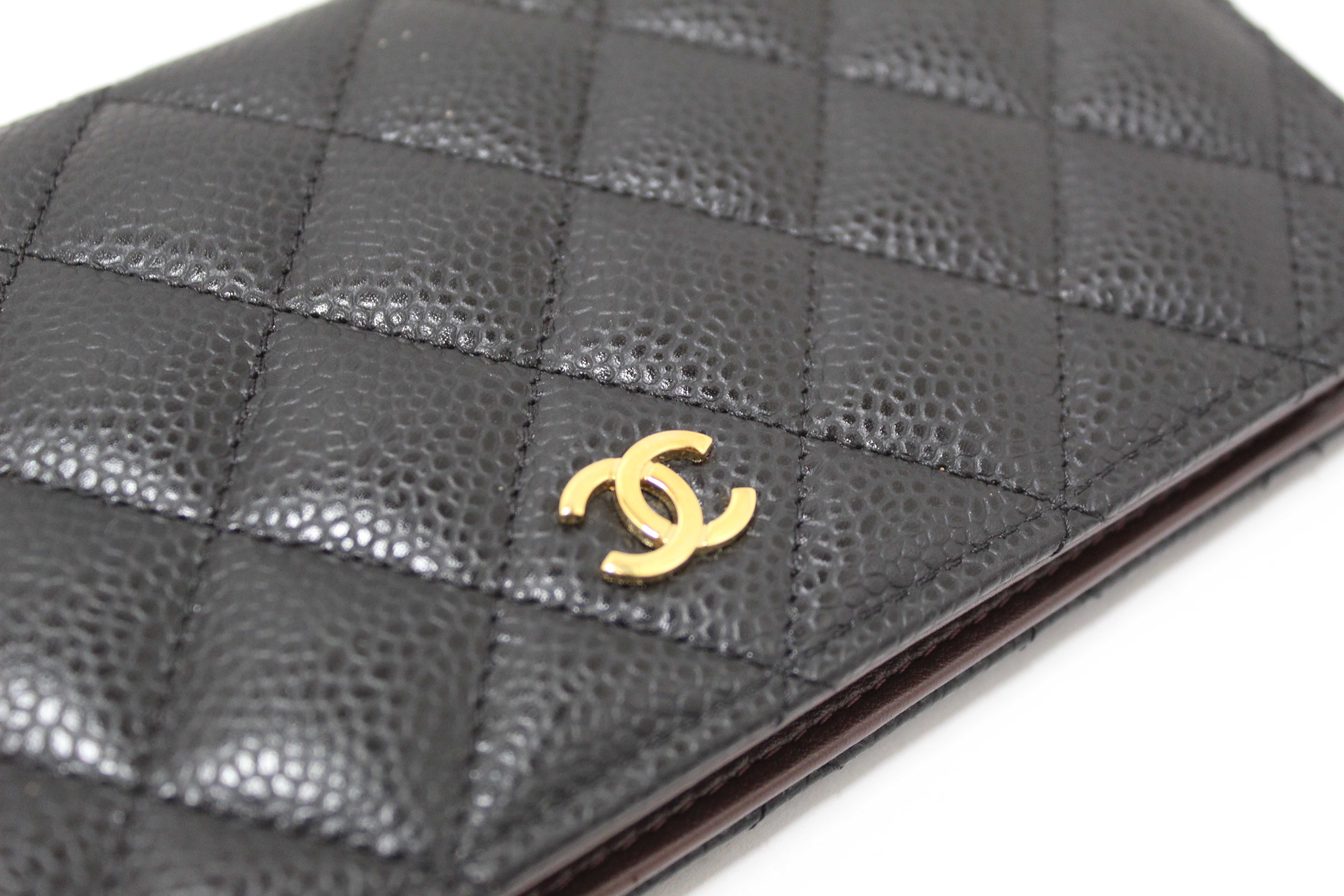 Authentic Chanel Black Quilted Caviar Leather Long Wallet